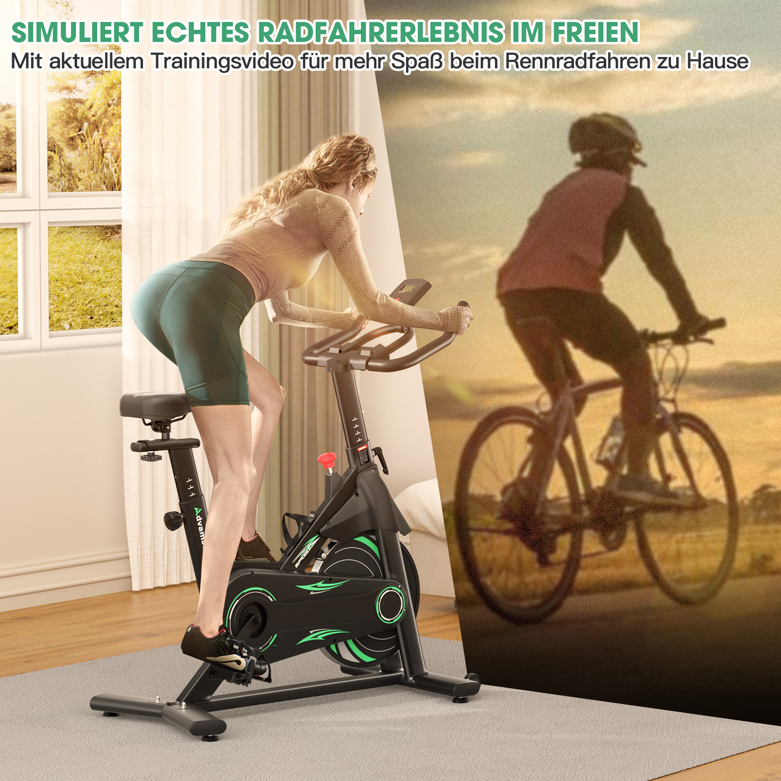 Frau auf Heimtrainer, rechts Radfahrer im Freien bei Sonnenuntergang.