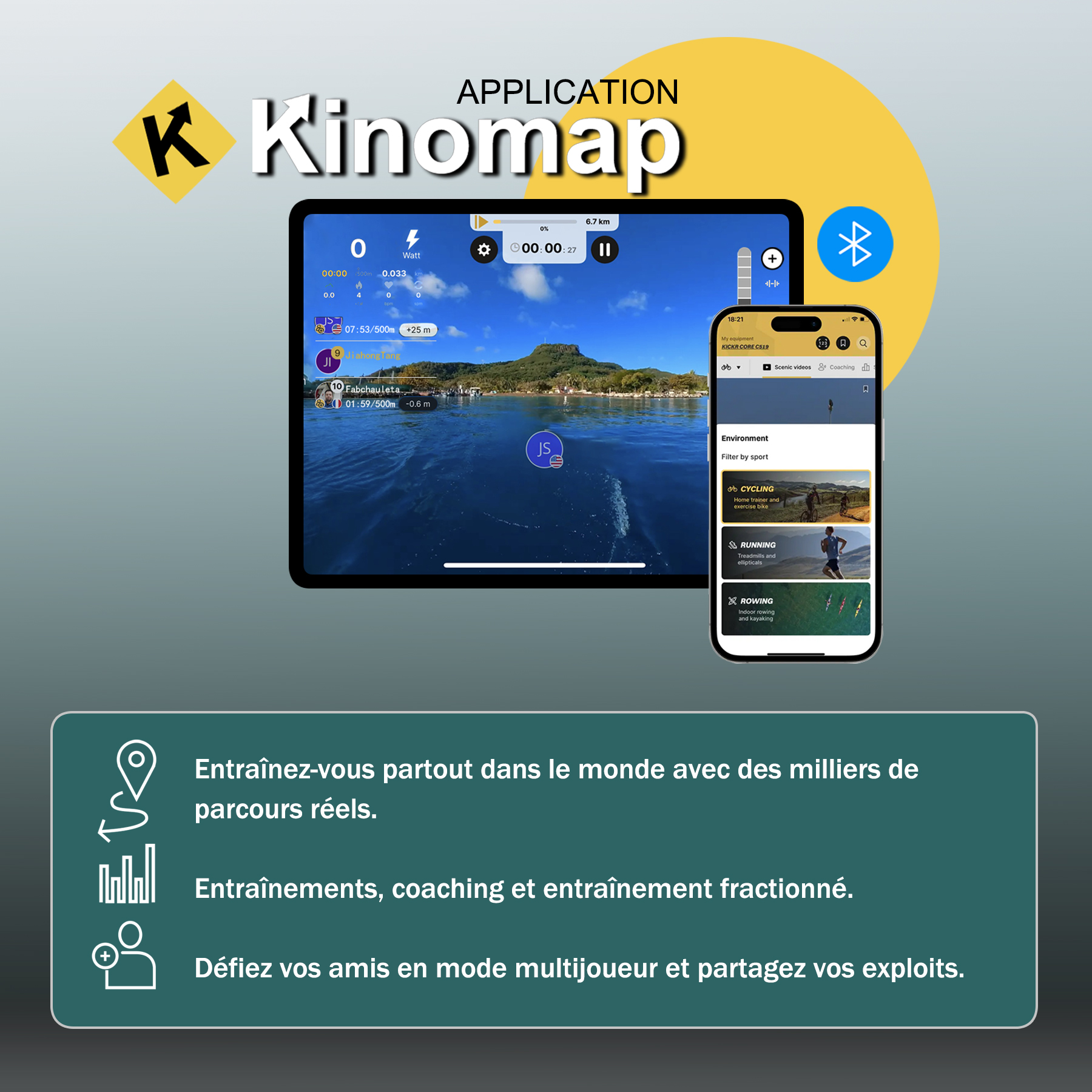 Kinomap App auf Tablet und Handy mit Trainingsdaten, Panoramablick und Sportfiltern.