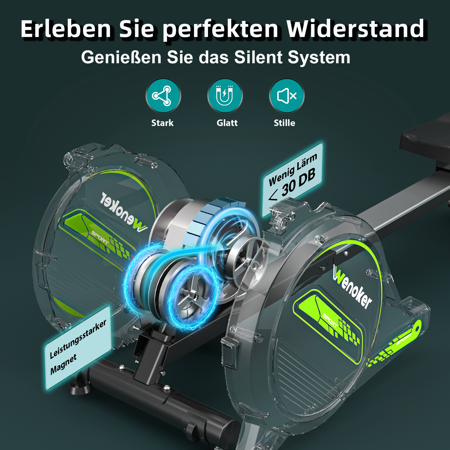Ein detaillierter Blick auf das Innere eines Heimtrainers mit Magnetwiderstand und leisem Betrieb.