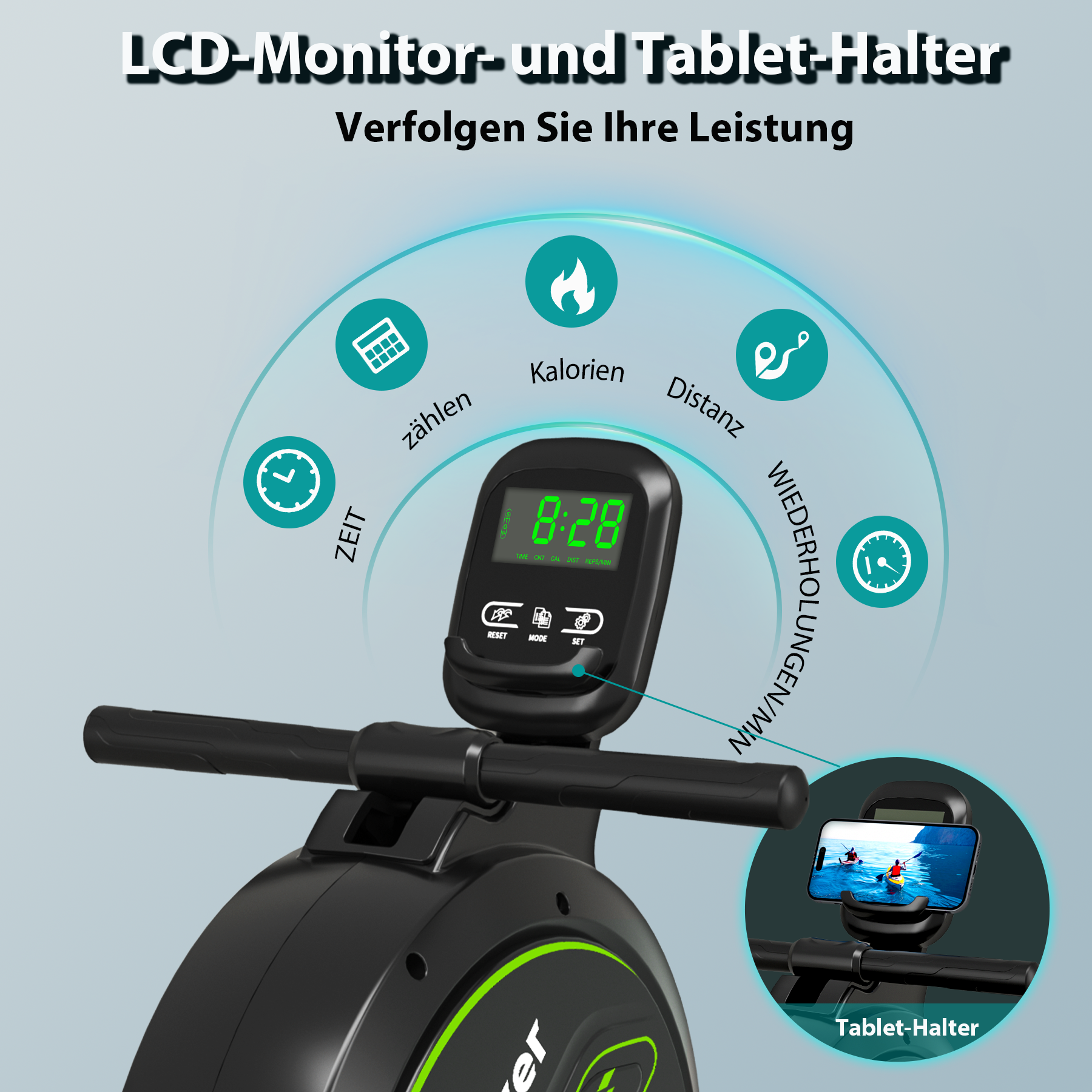 Rudergerät-Display zeigt Zeit, Kalorien, Distanz & Wiederholungen. Tablet-Halterung.