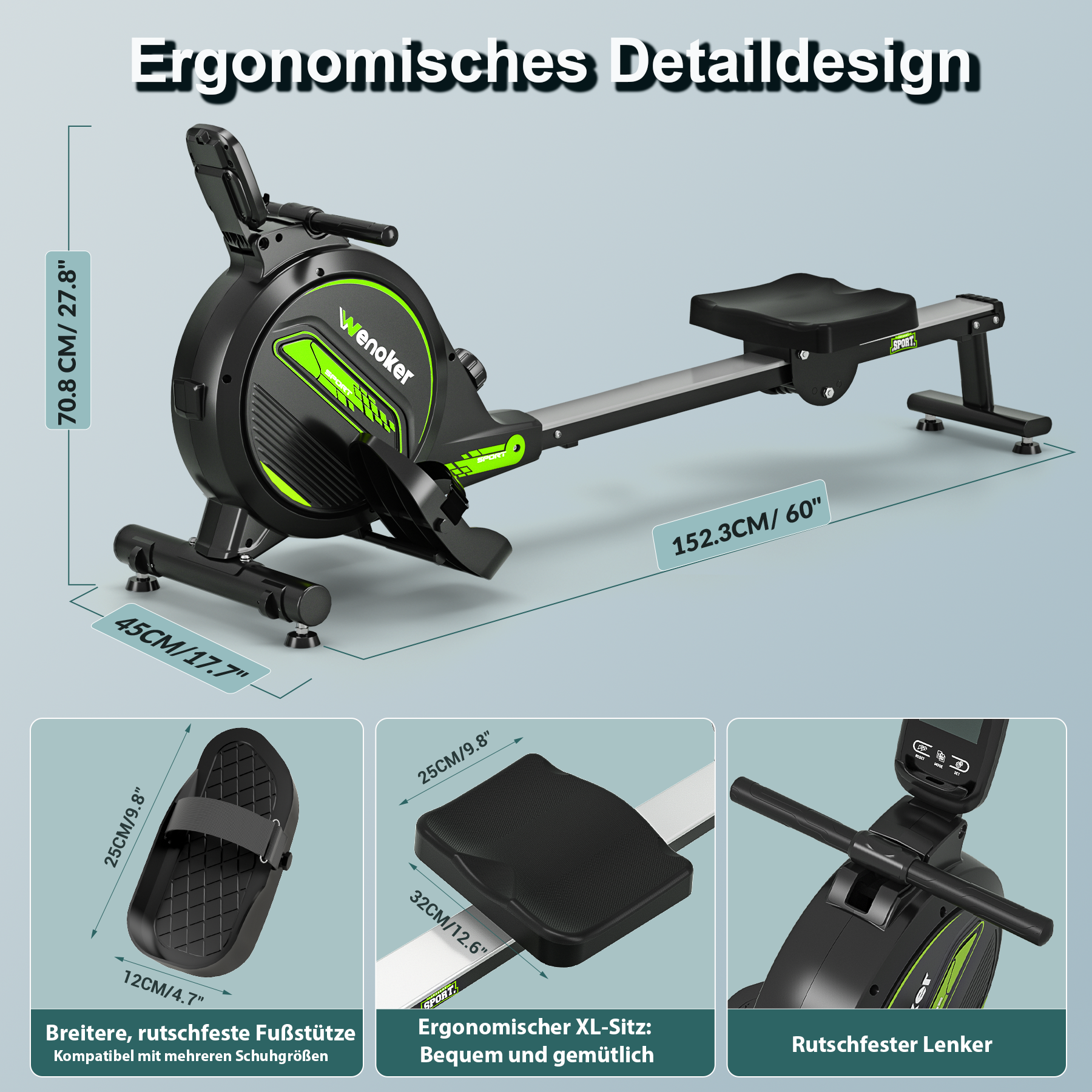 Ergonomisches Indoor-Rudergerät mit Maßen und Detailansichten.