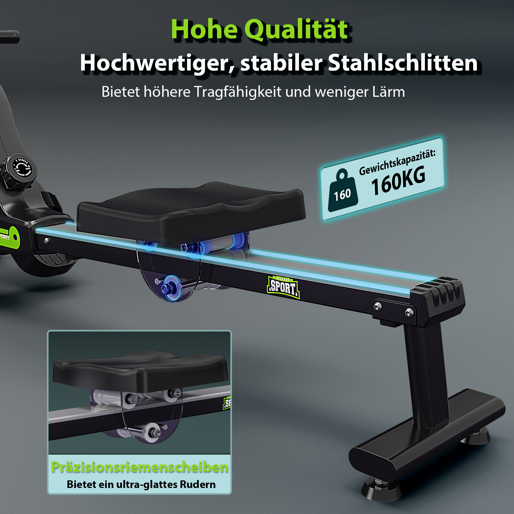 Rudergerät mit schwarzem Sitz und blau beleuchteter Schiene, 160kg Kapazität.