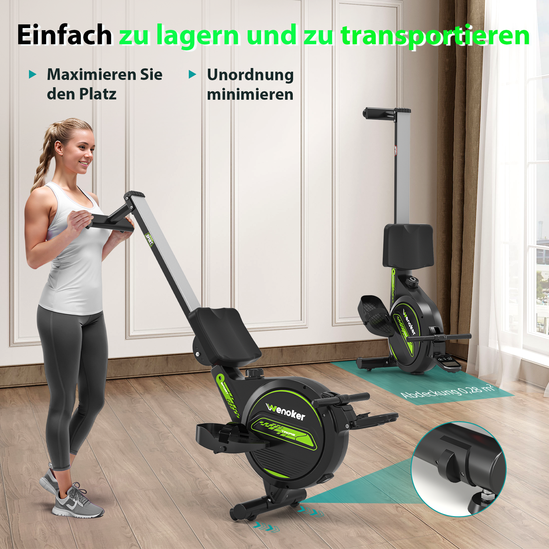 Frau mit Rudergerät, einfach zu lagern und zu transportieren.