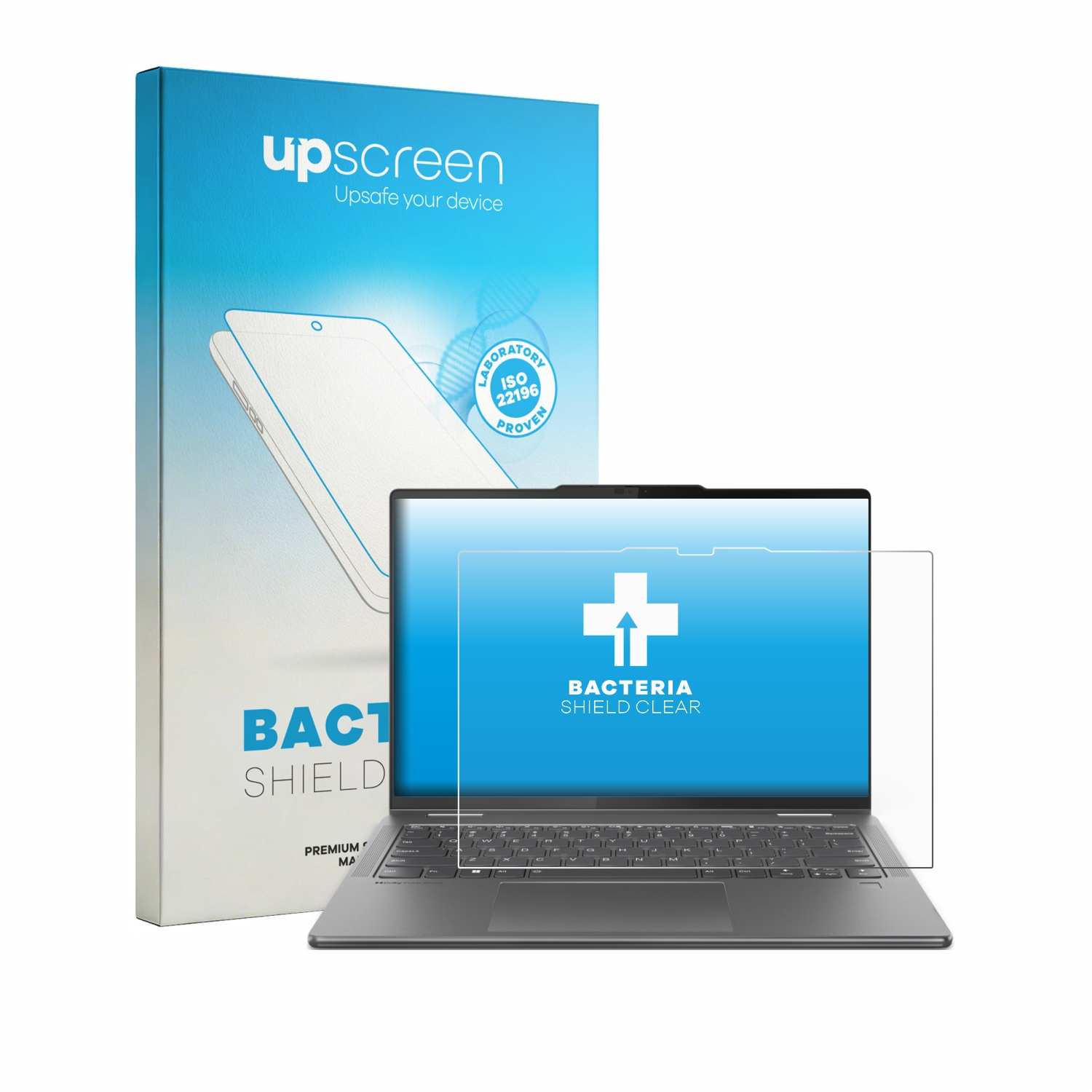 Upscreen Bakterienschutz klarer Schutz auf einem Laptop. Verpackung und Displayschutz gezeigt.