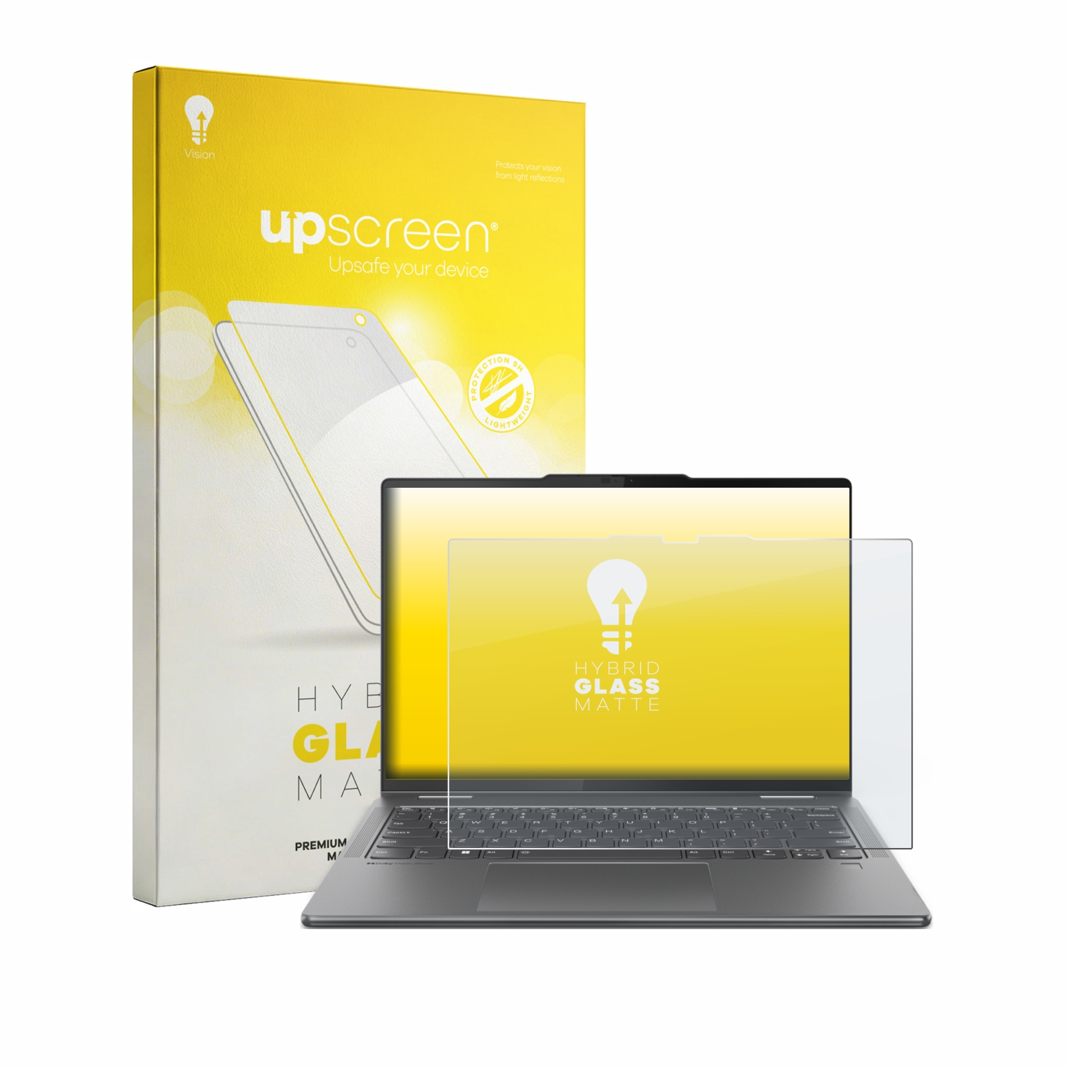 Ein Laptop mit Displayschutzfolie und Verpackung. Die Schachtel ist gelb und weiß.