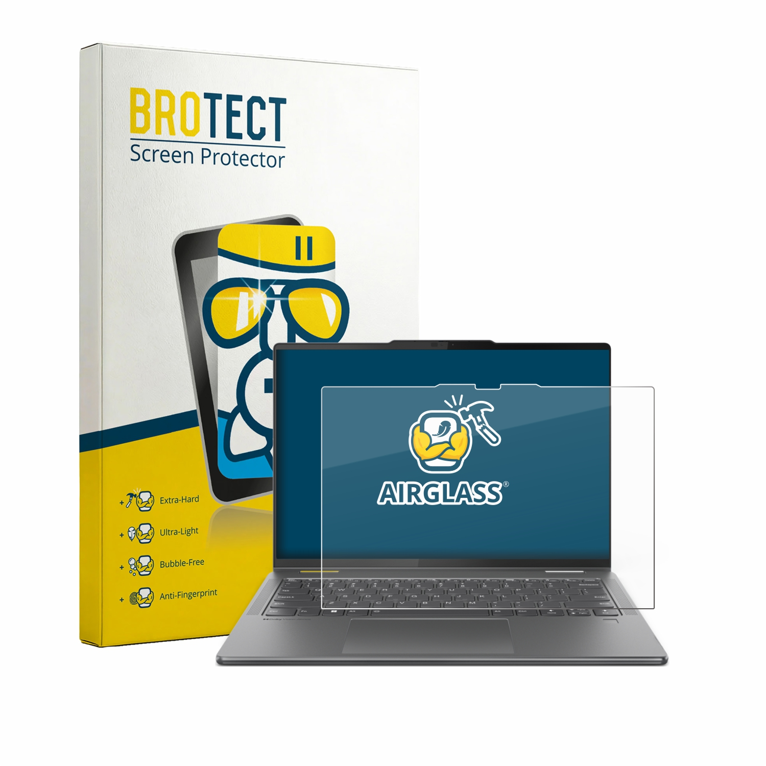 Verpackung eines Bildschirmschutzes für Laptops mit einem Laptop und Schutzfolie.
