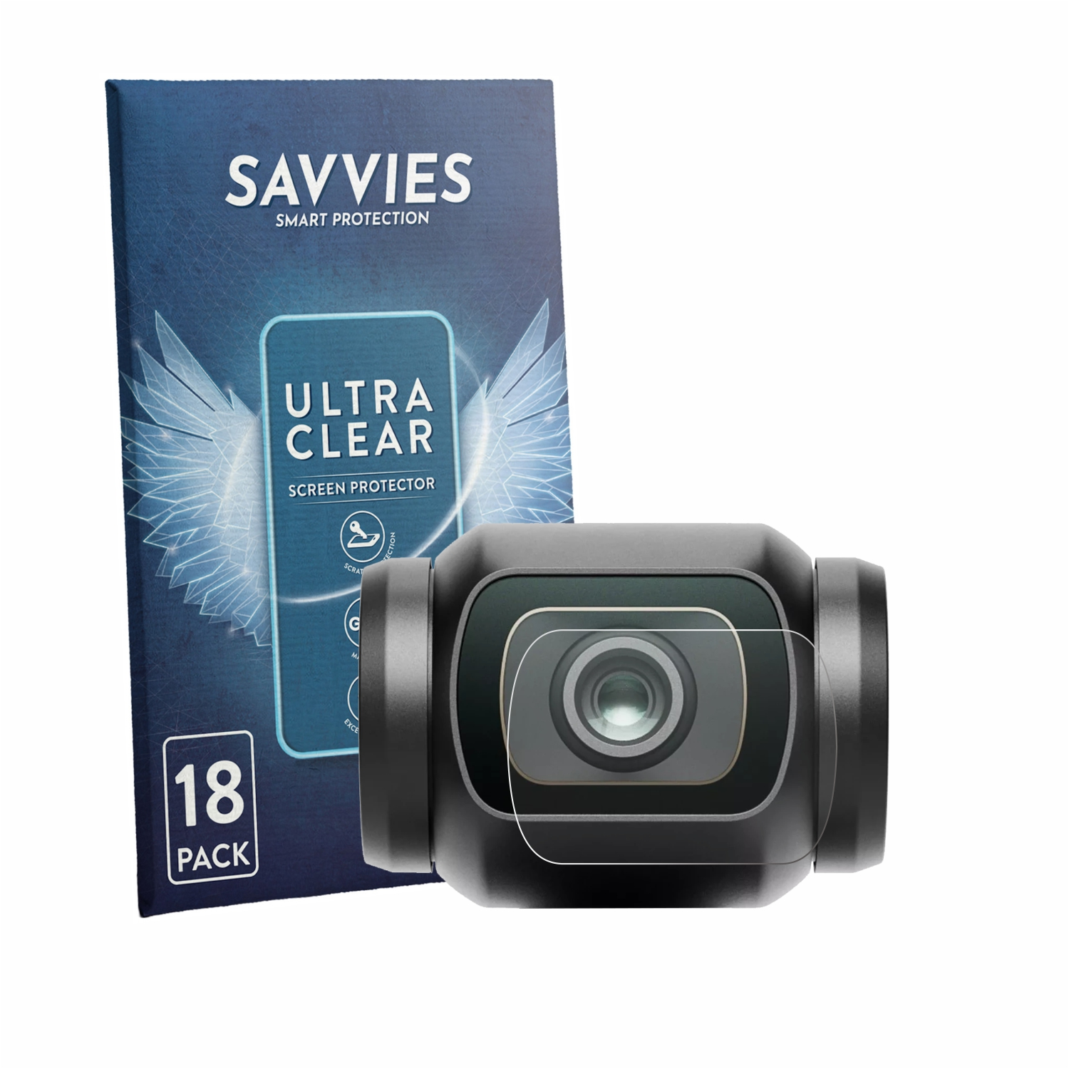 Verpackung für 18 Displayschutzfolien neben einer Action-Kamera mit angebrachter Folie.