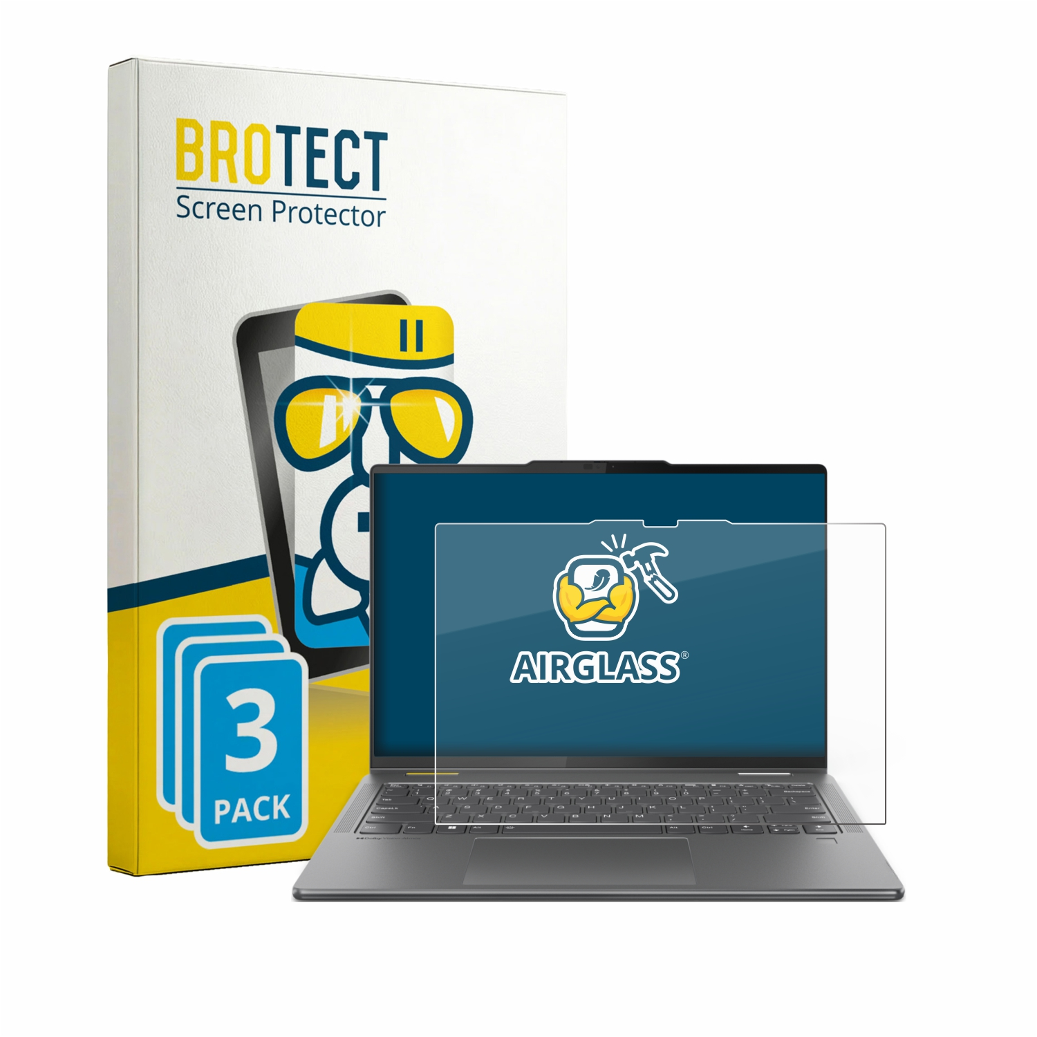 BROTECT Displayschutzfolie 3er Pack neben einem geöffneten Laptop mit Airglass-Logo.