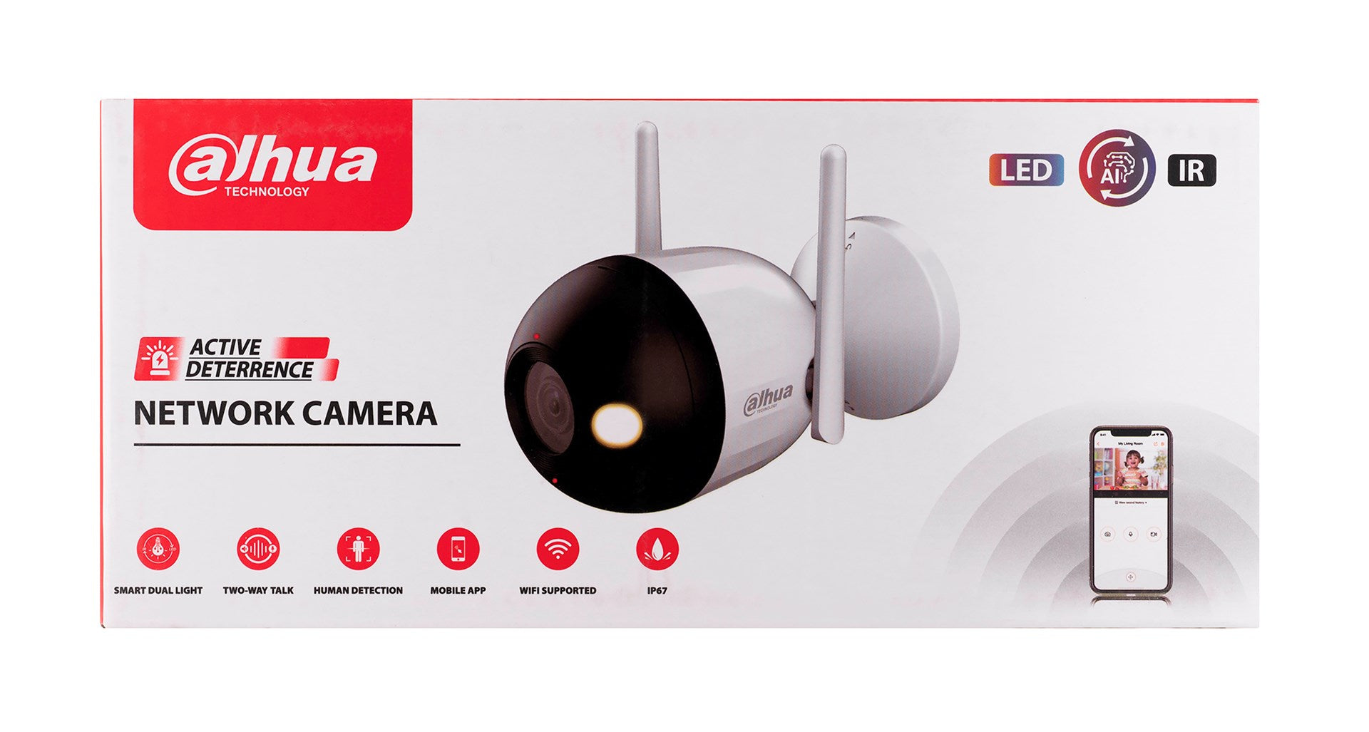 Dahua Ağ Kamerası kutusu, kamera resmi, AI, LED, IR ve uygulama özellikleri.