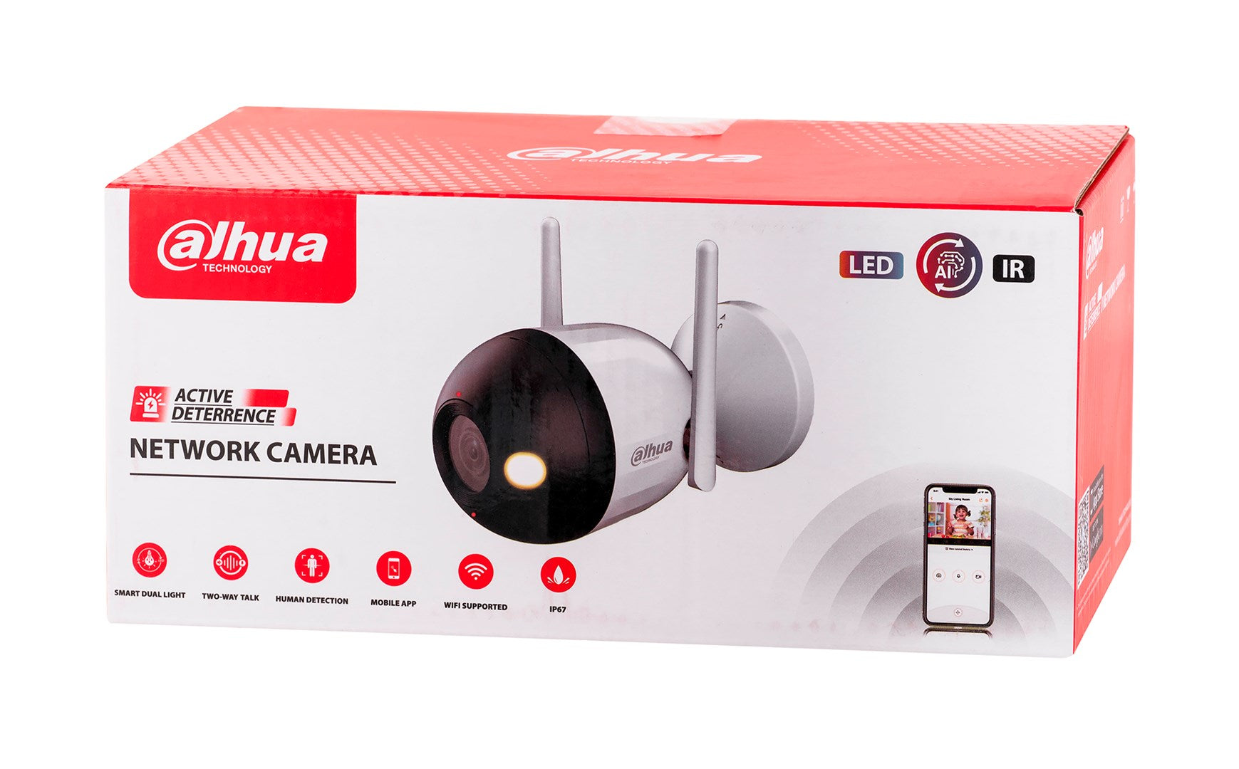 Dahua ağ kamerası kutusu, kamera ve akıllı telefon uygulaması görseli.