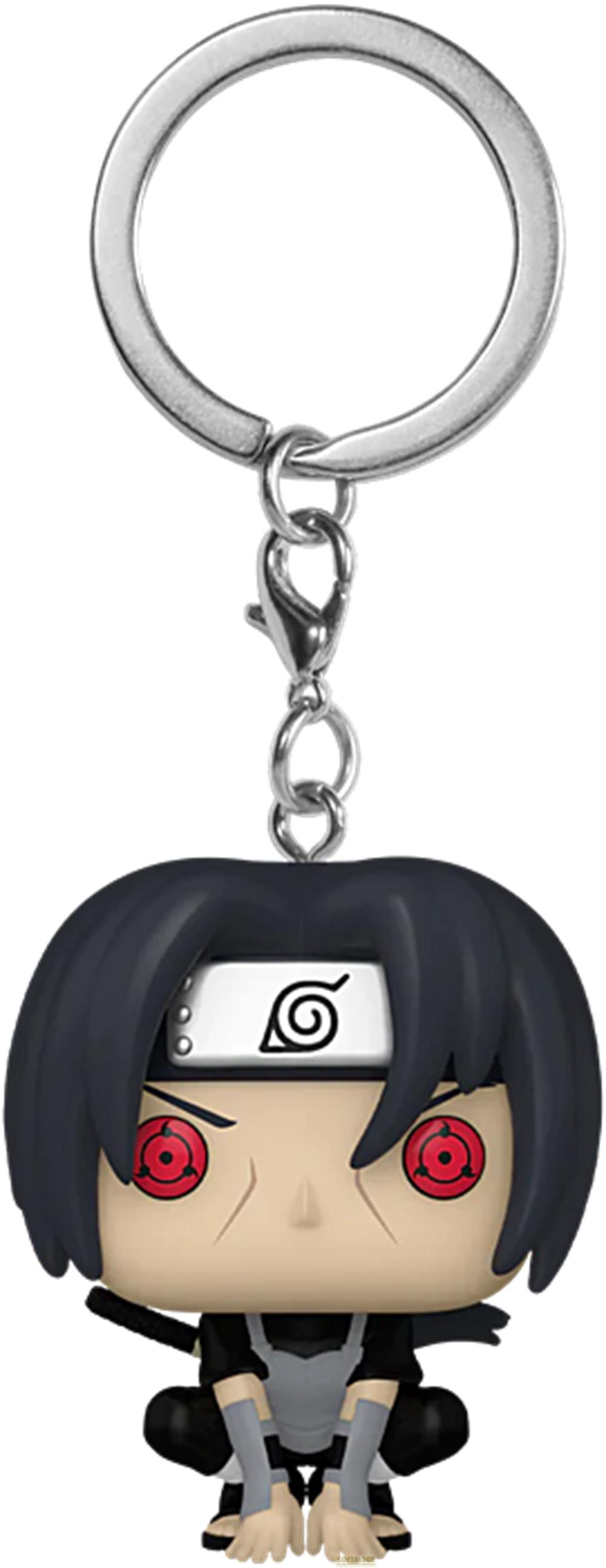 Ein Funko Pop Schlüsselanhänger mit Itachi Uchiha in seiner typischen Haltung.