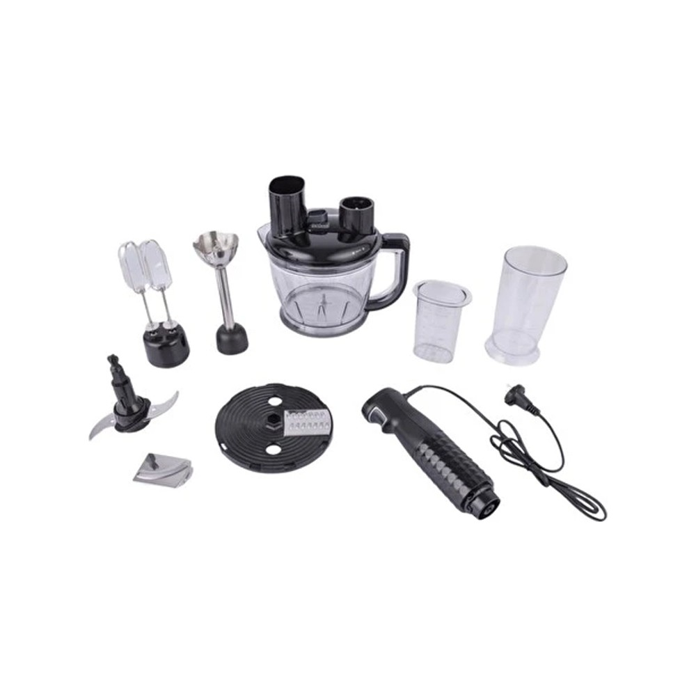 Çırpıcı, doğrayıcı ve blender kabı dahil aksesuarlara sahip el blender seti.