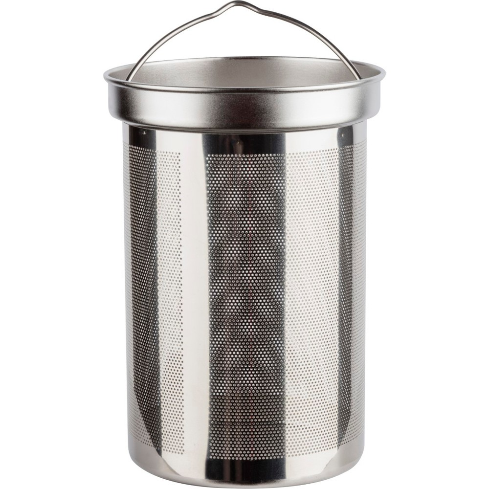 Kulplu, delikli gövdeli ve kenarlı silindirik metal çay süzgeci.