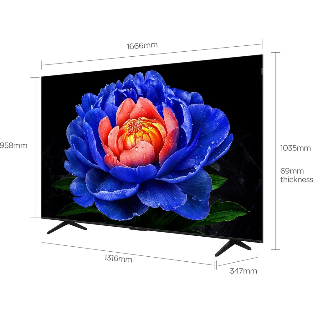 Mavi ve kırmızı çiçek gösteren büyük TV ekranı, boyutları belirtilmiş.