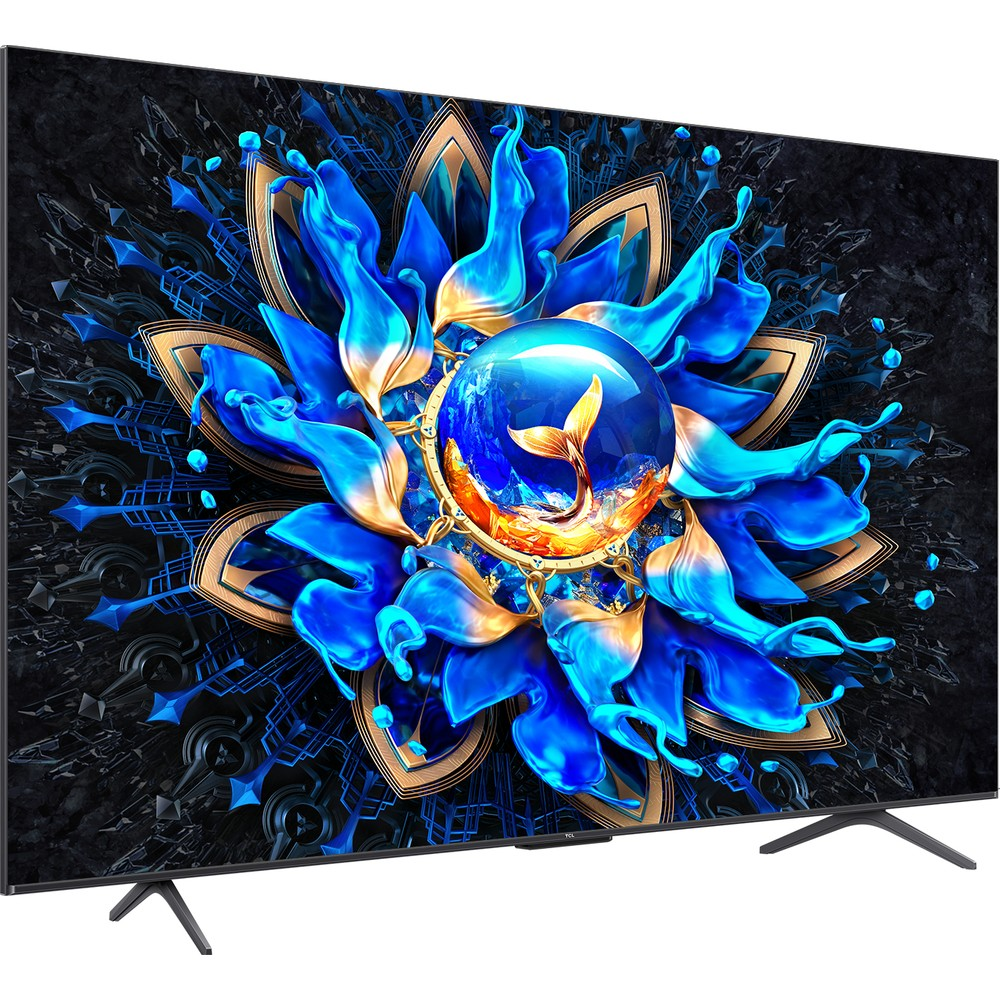 Modern bir TV, merkezde altın balık bulunan mavi çiçek desenini gösteriyor.