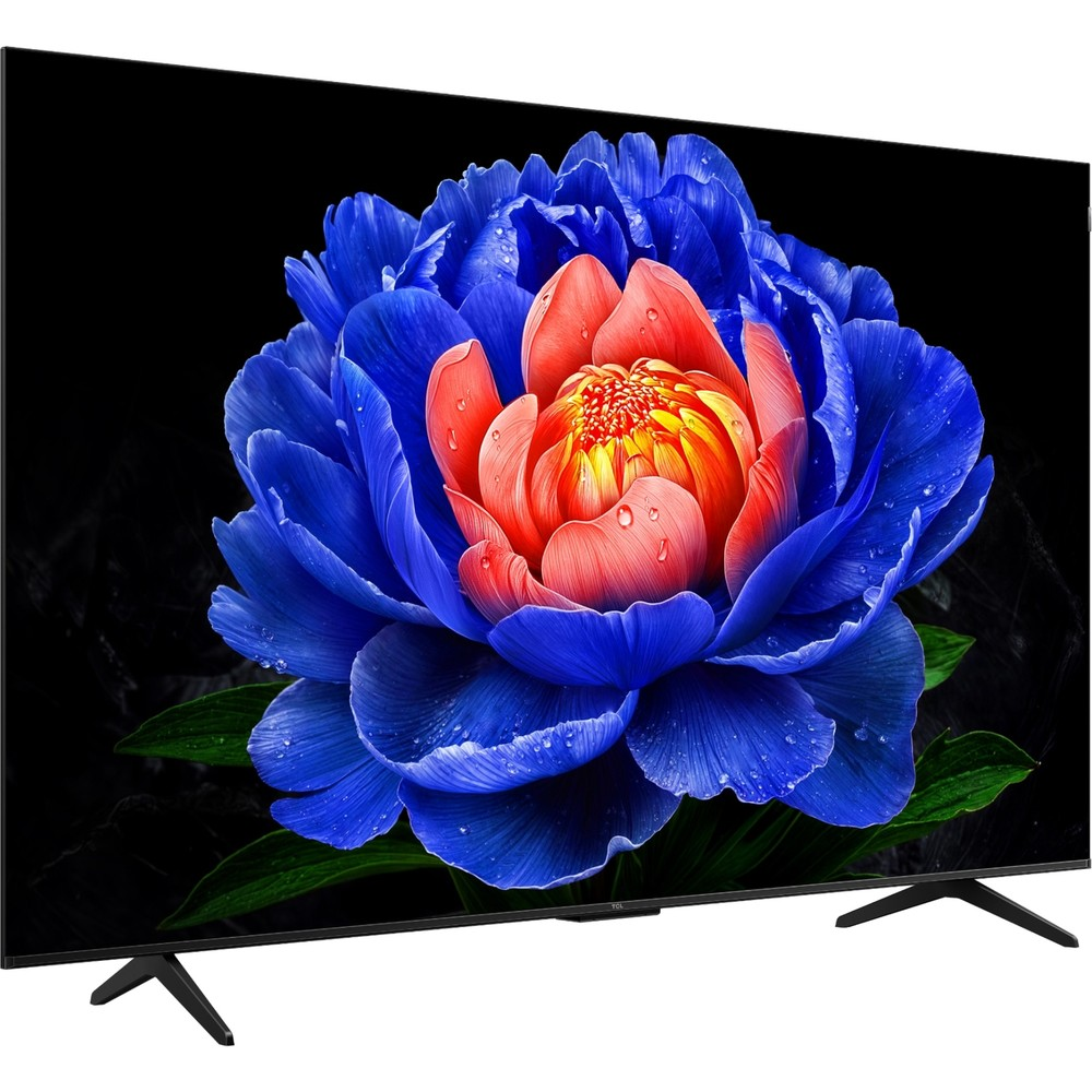 Modern bir TV siyah arka plan üzerinde mavi ve kırmızı çiçek gösteriyor.