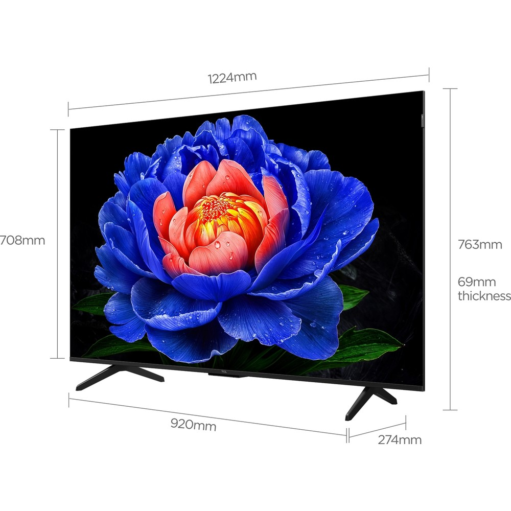 Boyutları belirtilmiş canlı çiçek resmi gösteren modern bir TV.