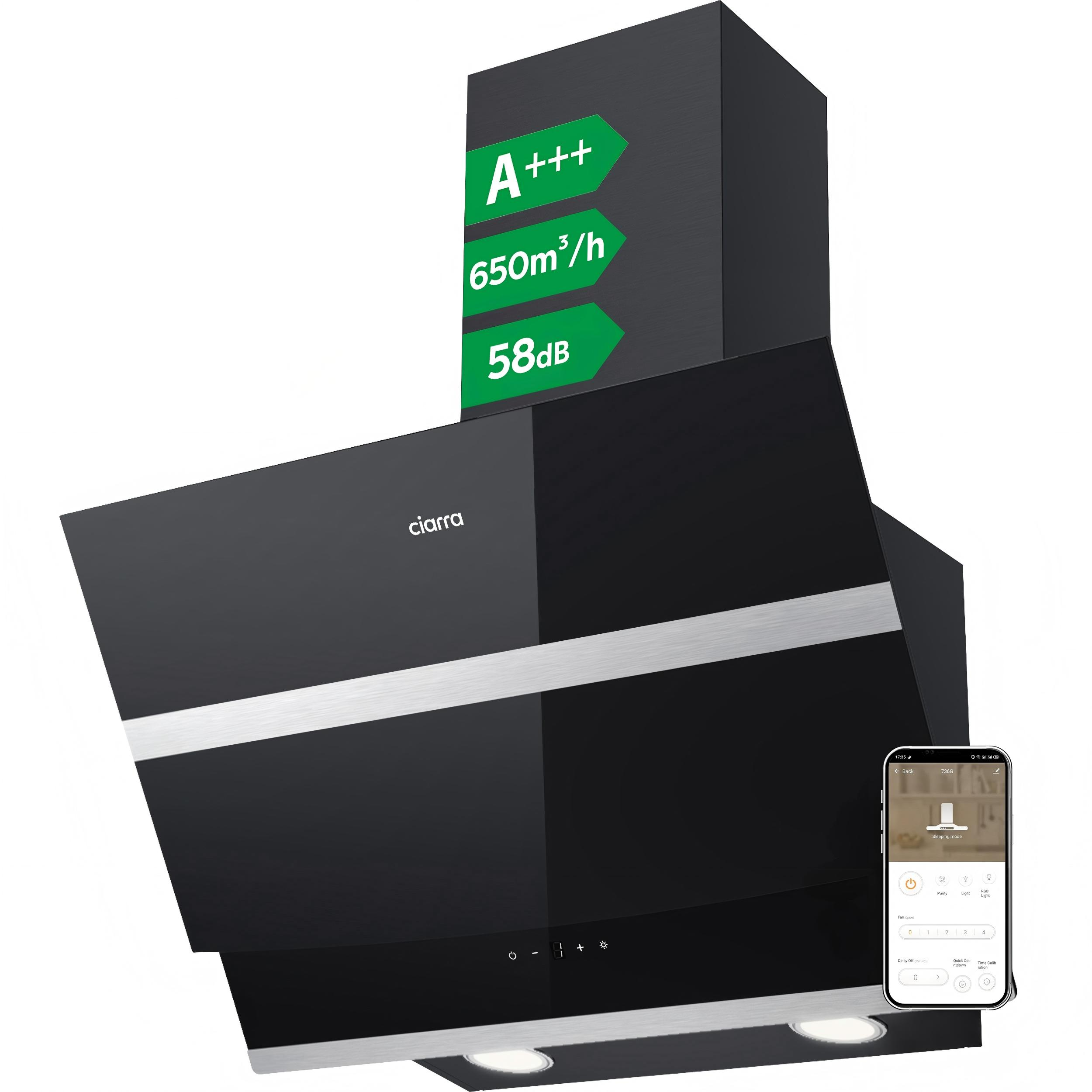Schwarze Dunstabzugshaube mit Energieeffizienz A+++, 650m³/h, 58dB. Inklusive App-Steuerung.