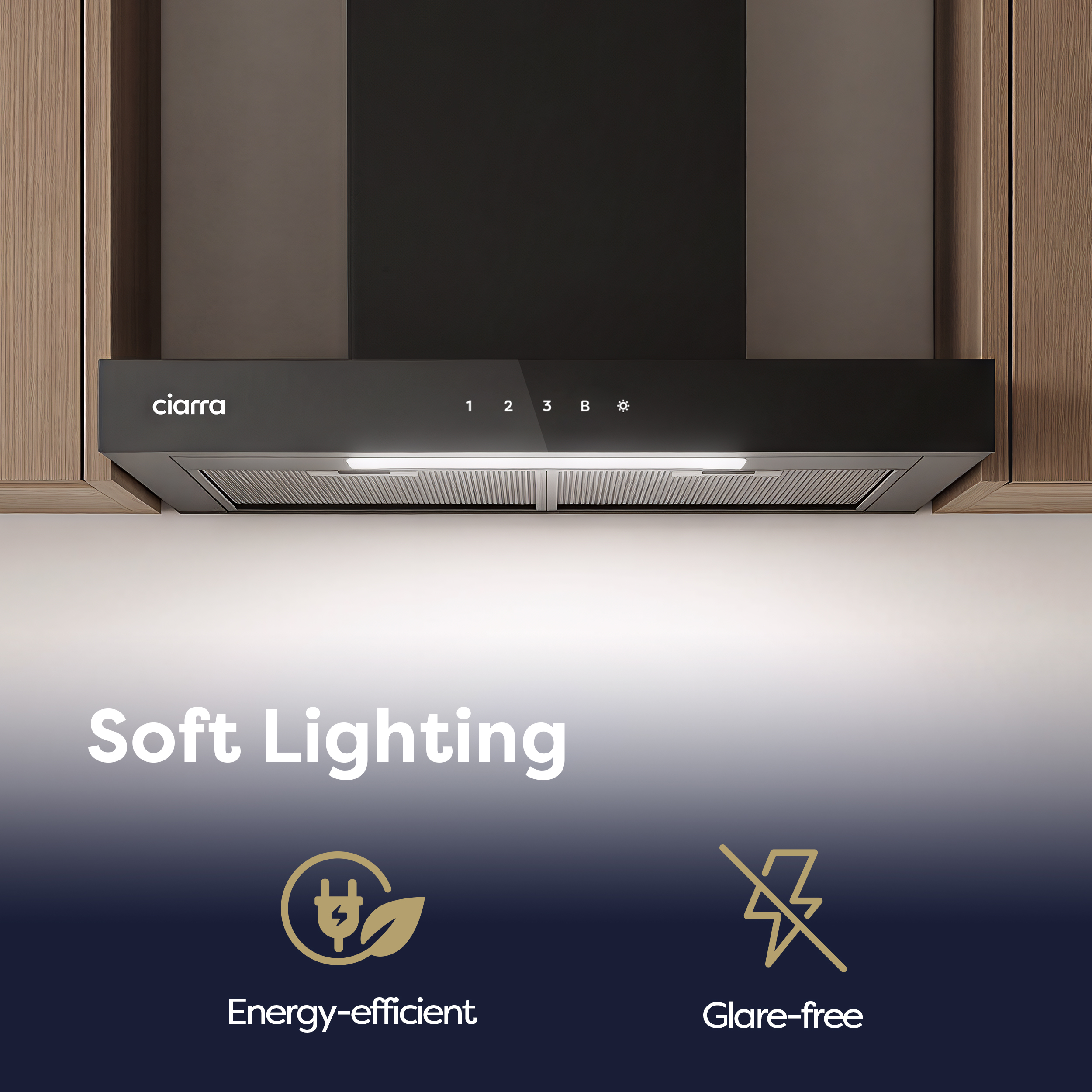Eine Dunstabzugshaube mit Touch-Bedienfeld, "Soft Lighting" und Symbolen.