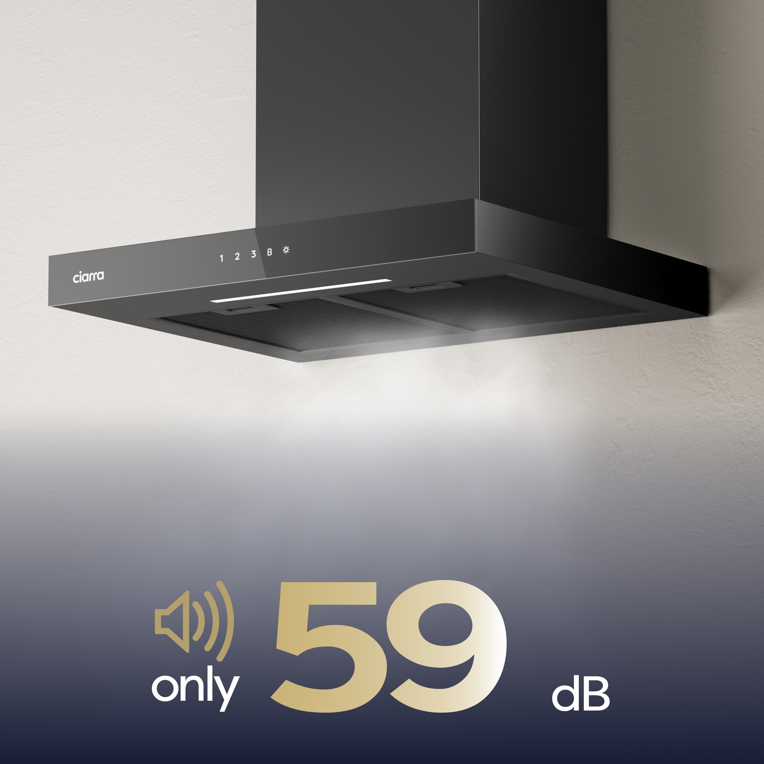 Schwarze Dunstabzugshaube mit Touch-Bedienfeld und LED-Leuchten. Nur 59 dB.