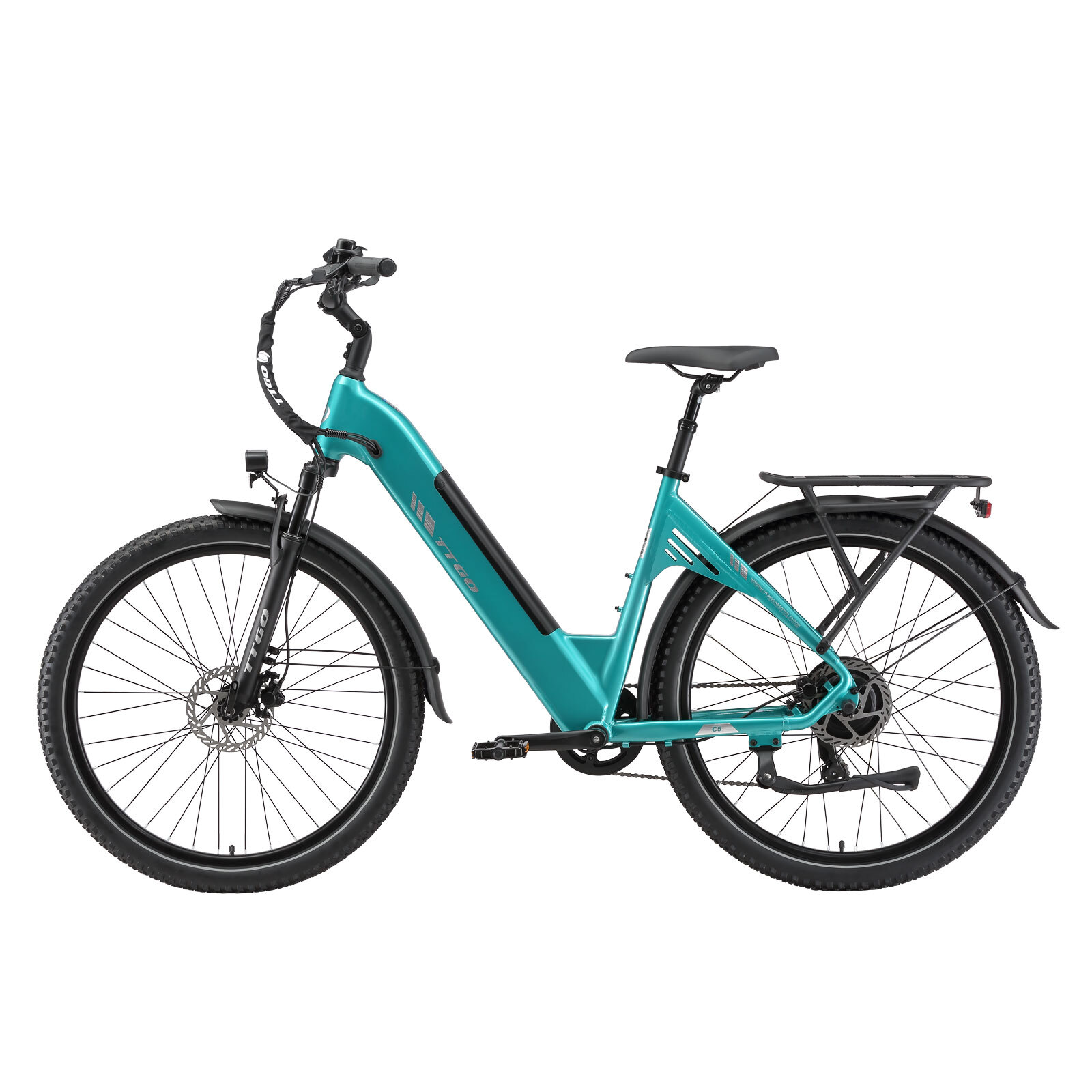 Bicicleta eléctrica turquesa con portaequipajes, fondo blanco.