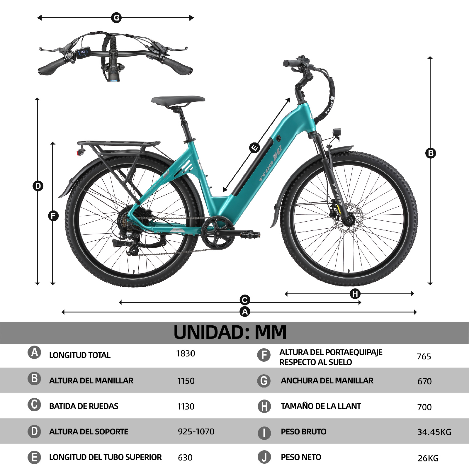 Una bicicleta eléctrica turquesa con etiquetas de medidas y tabla de especificaciones.
