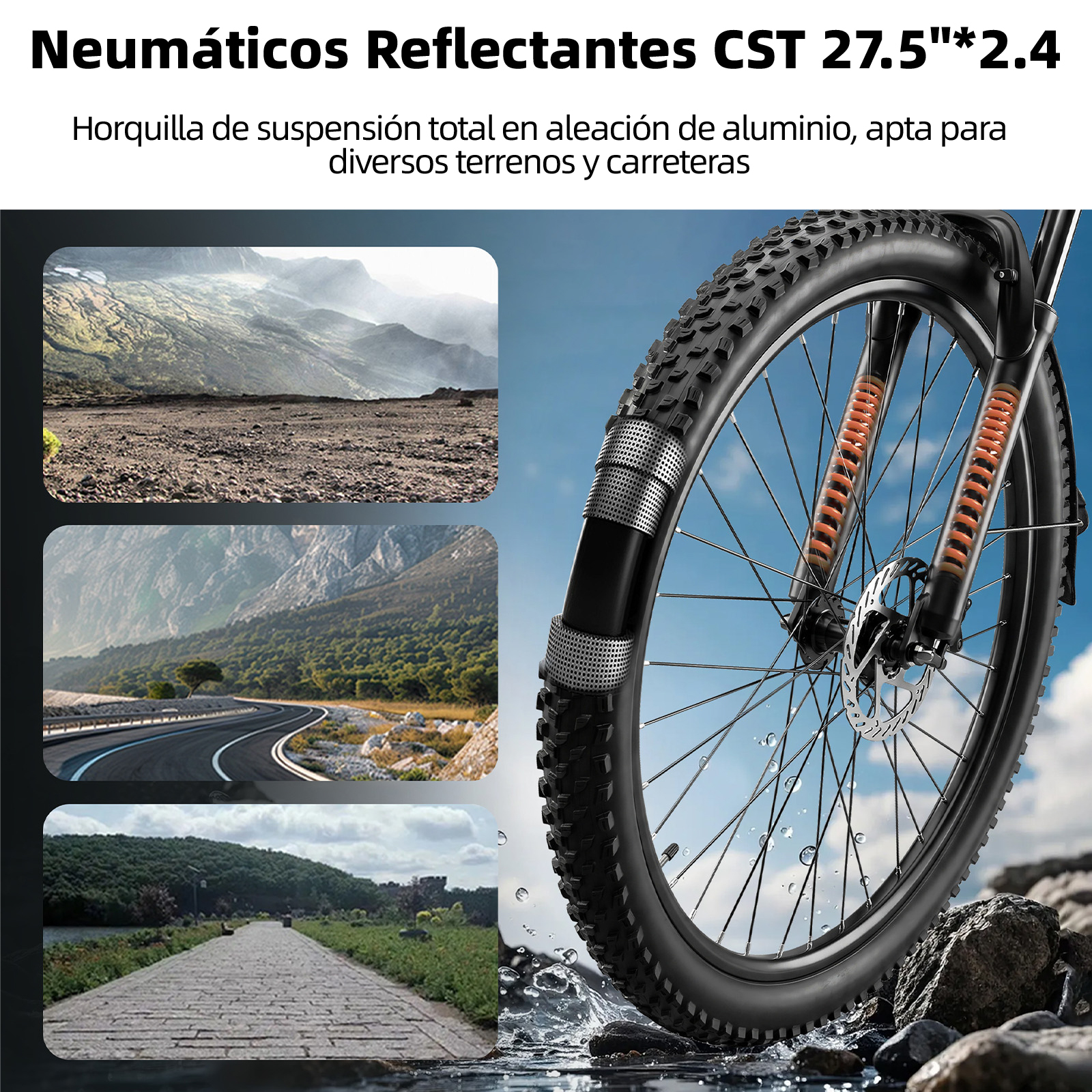 Neumático de bicicleta con horquilla de suspensión y tres imágenes.