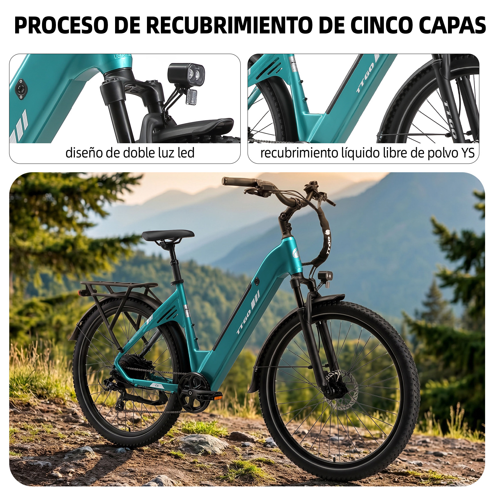 Una bicicleta eléctrica verde azulado con doble luz LED en la naturaleza.