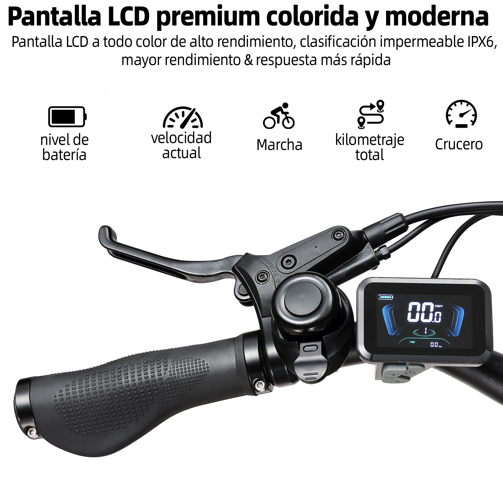 Manillar de bicicleta con pantalla LCD mostrando velocidad, batería, marcha y distancia.