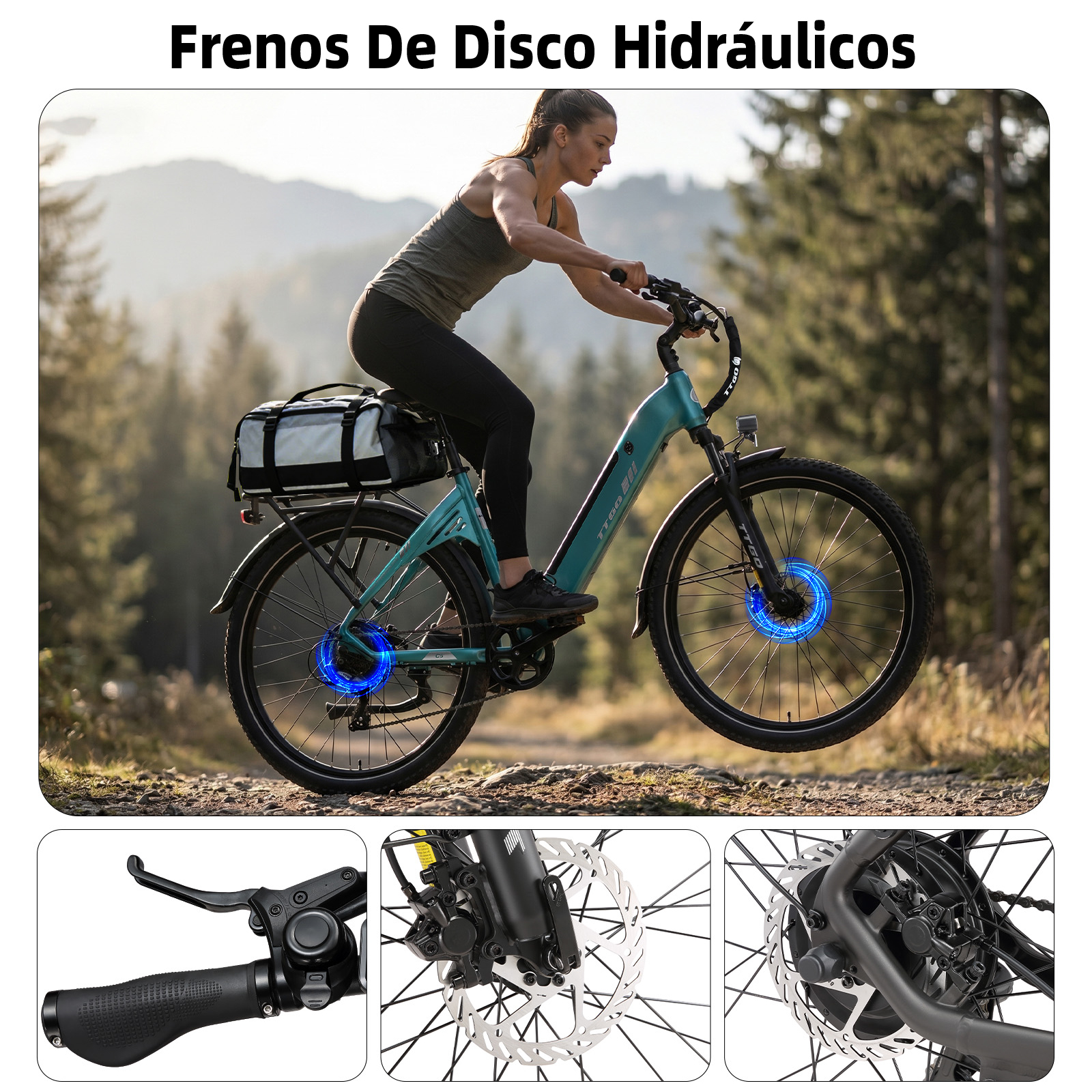 Una mujer monta una e-bike color verde azulado con discos de freno azules brillantes en un bosque.