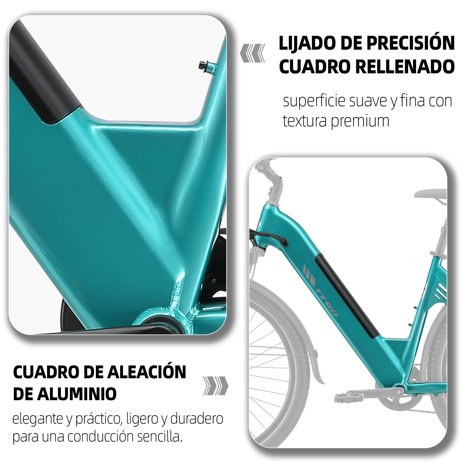 Cuadro de bicicleta turquesa con acabado liso y detalle negro.