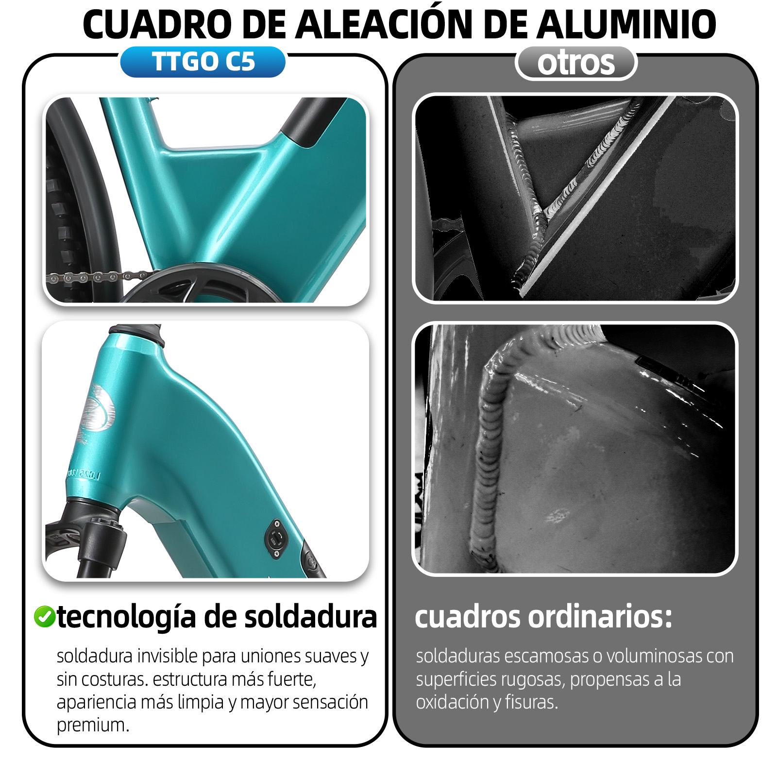 Comparación de cuadros de bicicleta: soldaduras lisas (izquierda) vs. soldaduras rugosas (derecha).