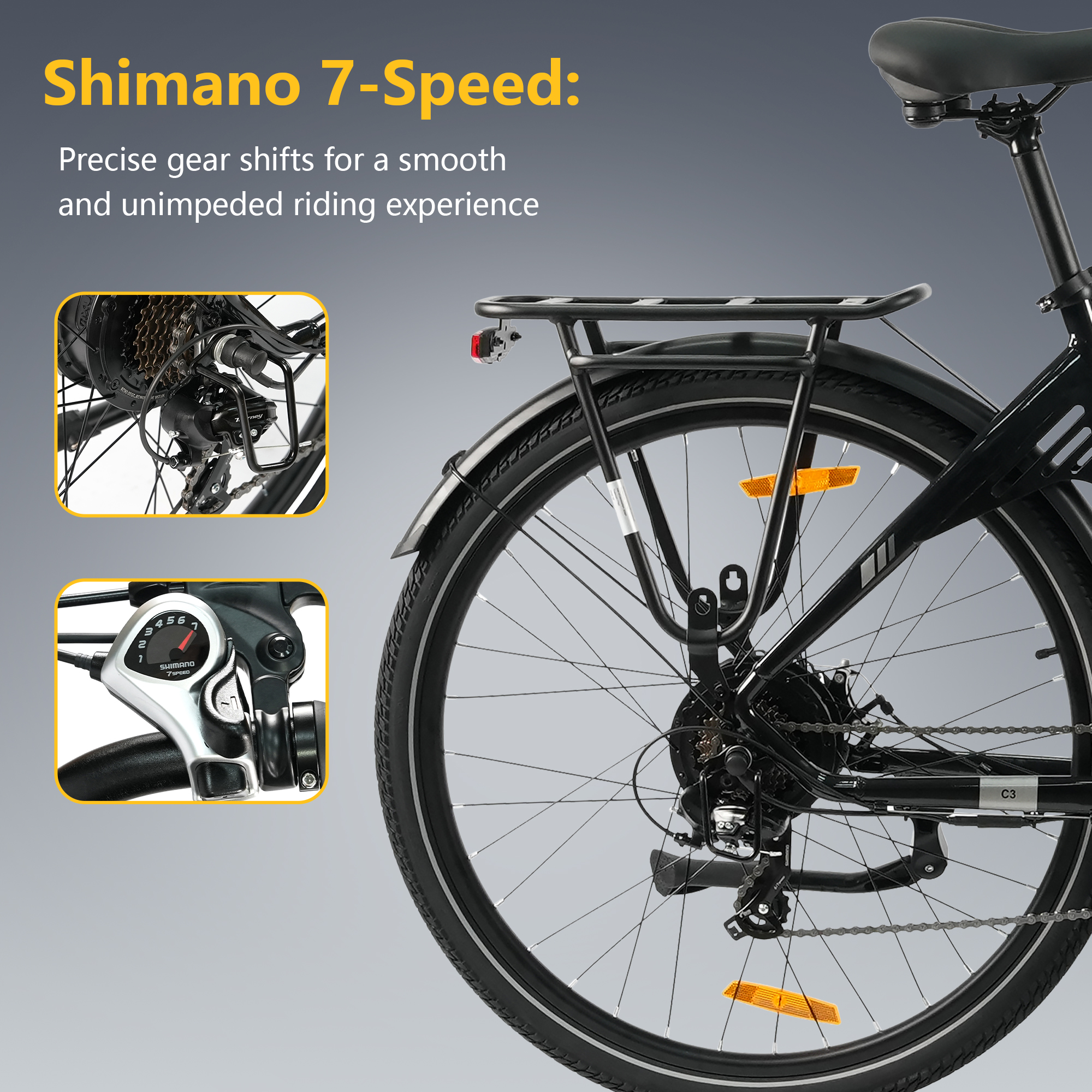 Primer plano de una bicicleta que muestra los cambios Shimano de 7 velocidades, cadena y portaequipajes.