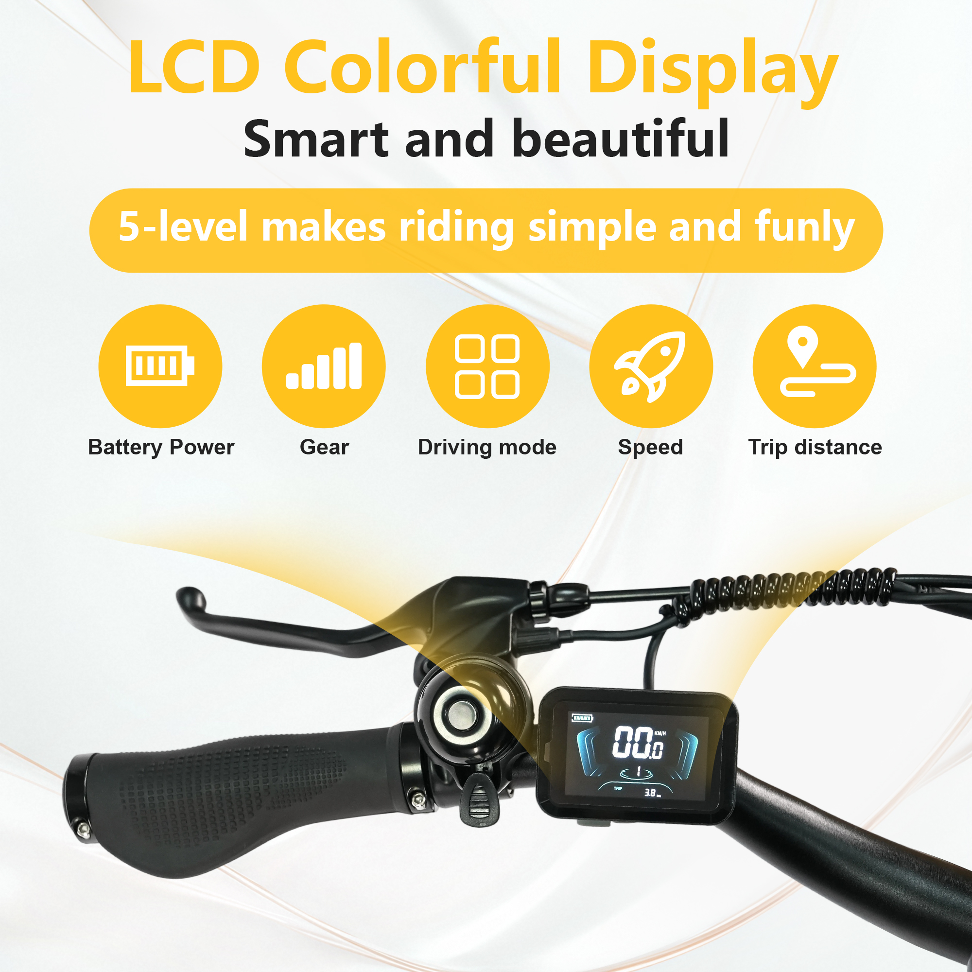 Manillar de e-bike con pantalla LCD que muestra potencia, marcha, modo, velocidad y distancia.