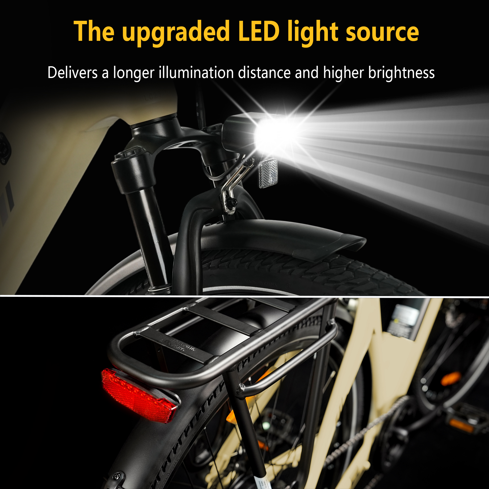 Bicicleta con faro LED brillante y luz trasera roja, portaequipajes negro.
