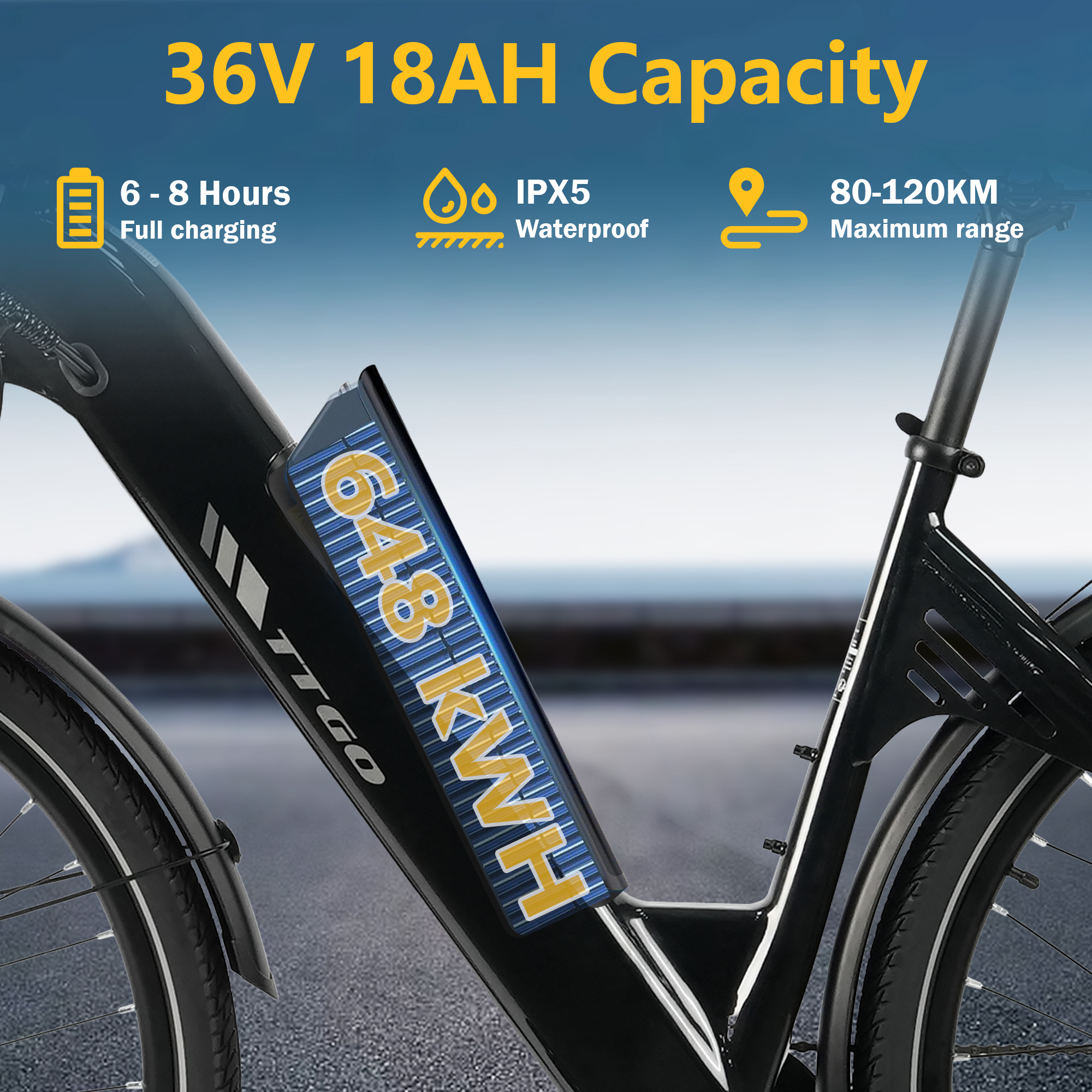 Bicicleta eléctrica negra con batería de 36V 18AH, carga de 6-8h, IPX5, alcance 80-120km.