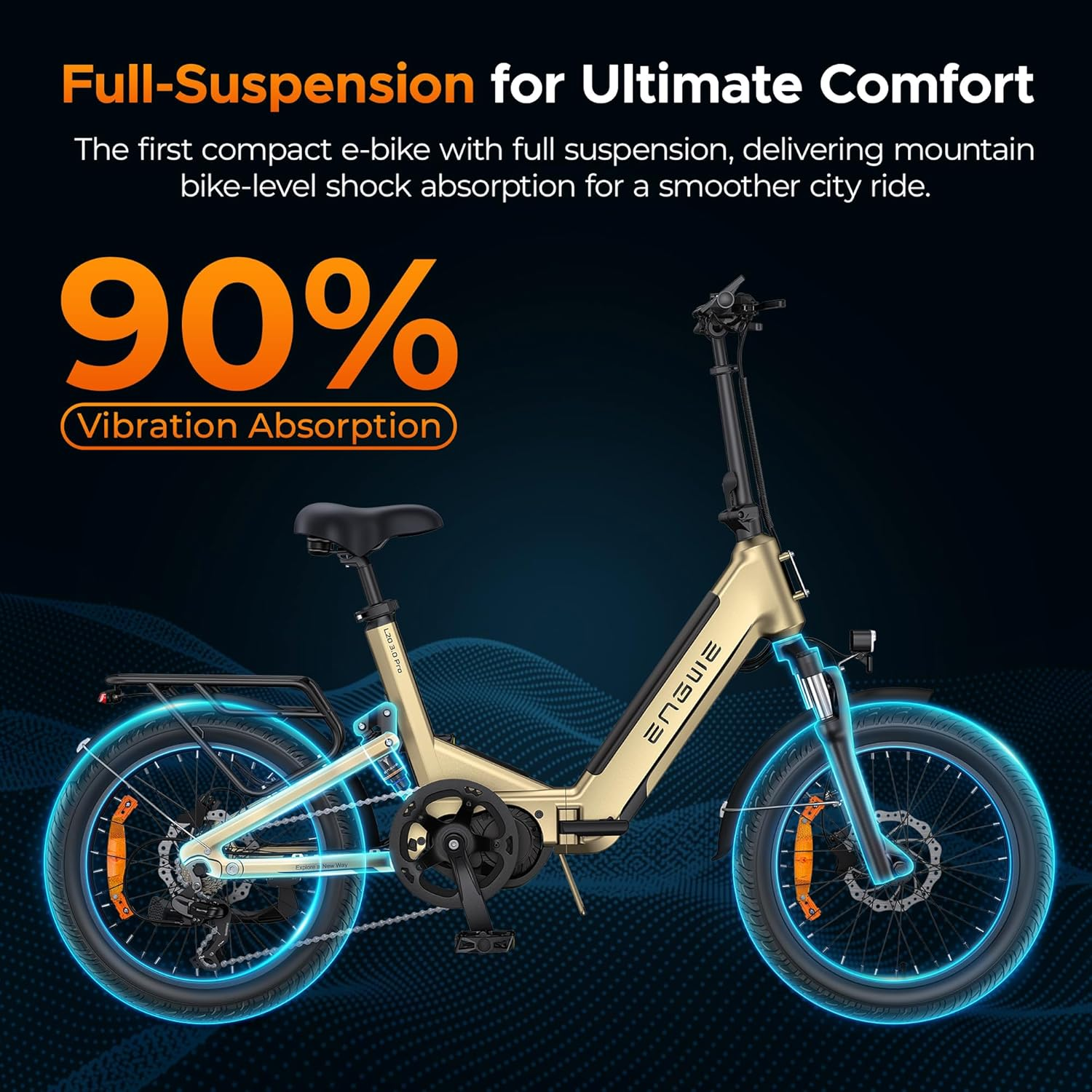 Bicicleta eléctrica dorada de suspensión total con