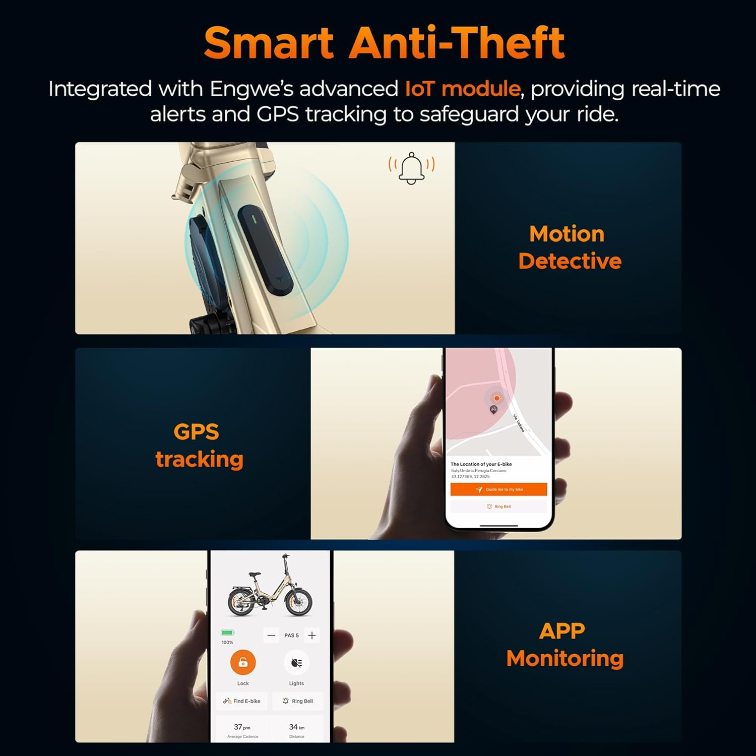 Antirrobo Inteligente: La e-bike incluye detección de movimiento, seguimiento GPS y monitorización por app.