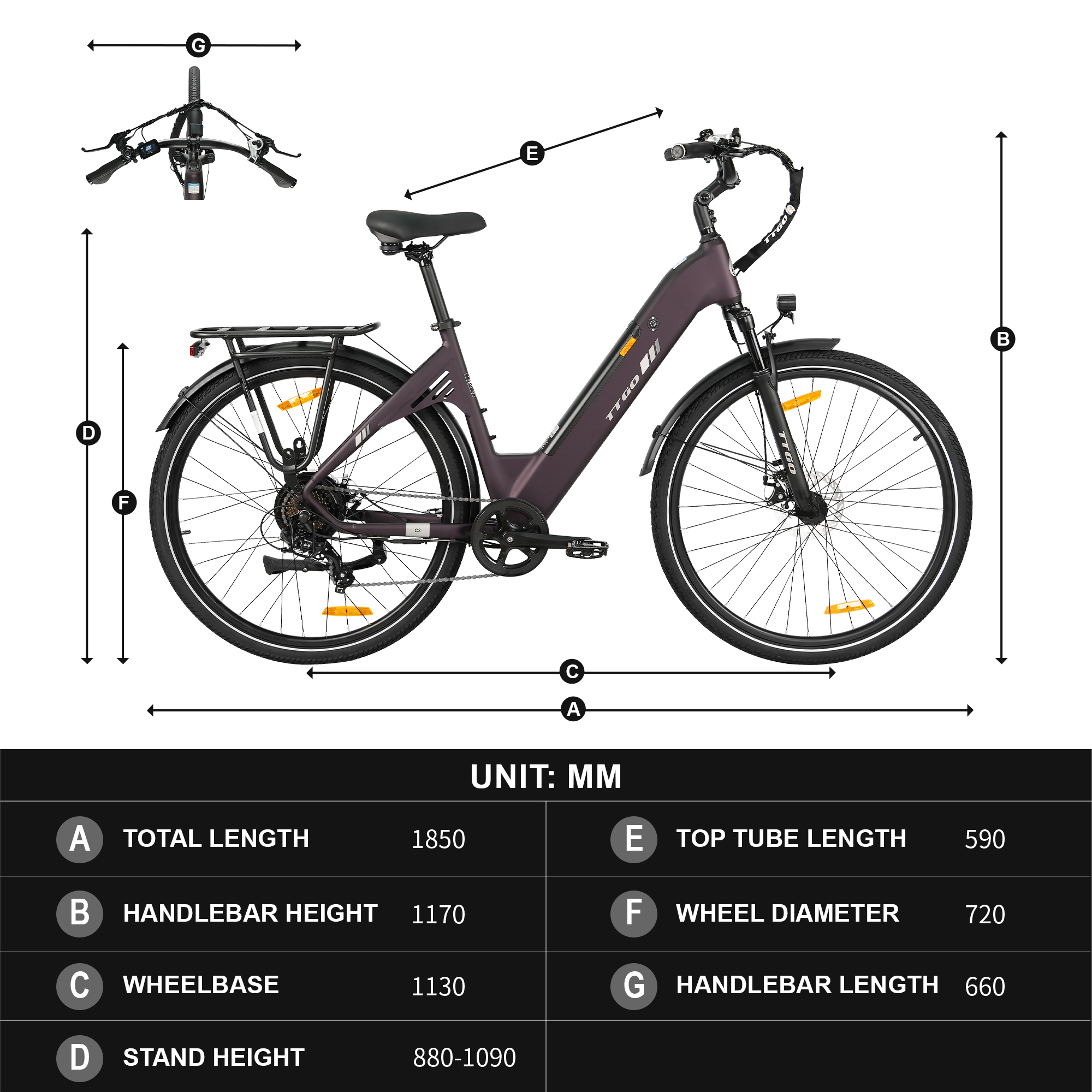 Diagrama de una bicicleta eléctrica morada con dimensiones A-G.