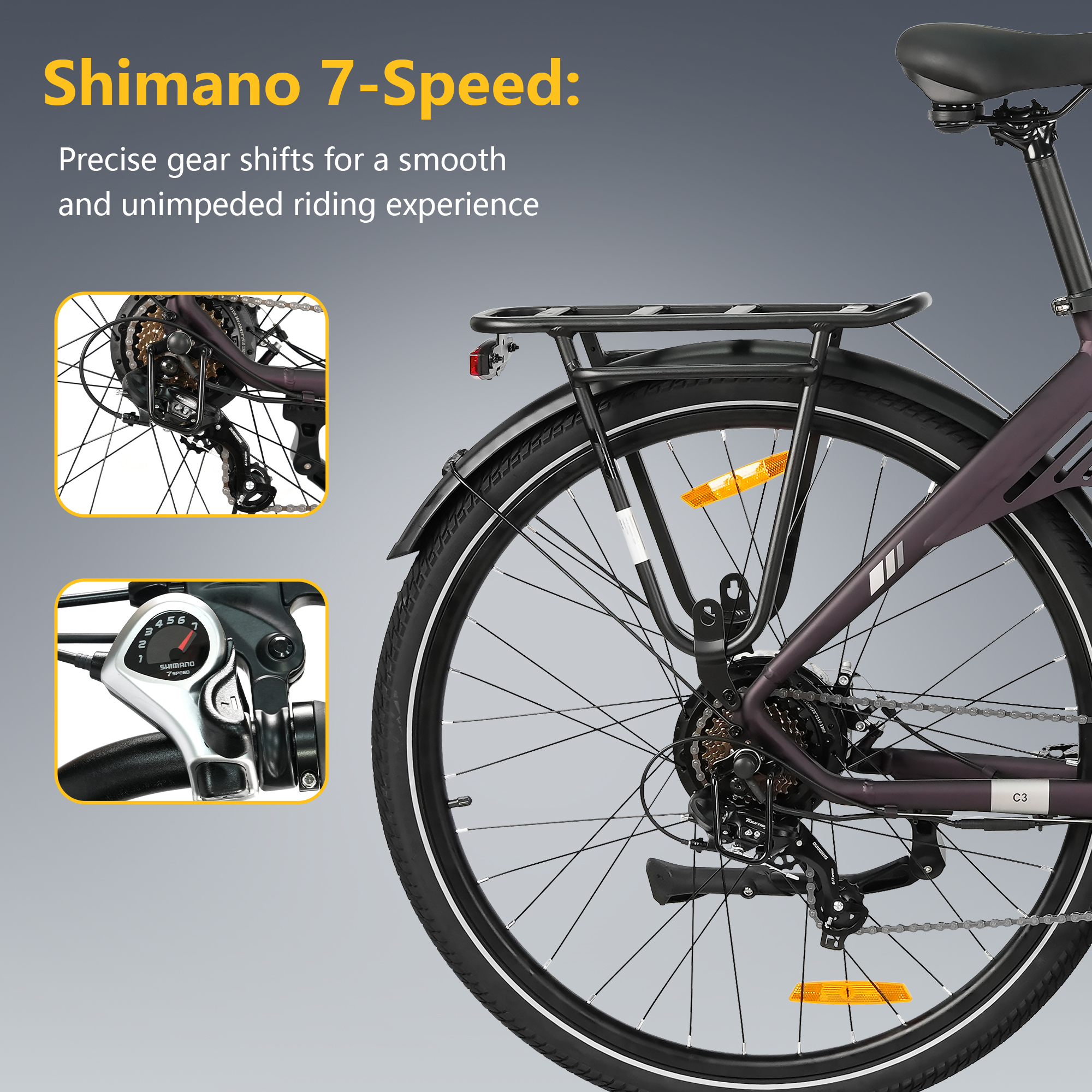 Primer plano de la rueda trasera y engranajes de una bicicleta morada con texto.