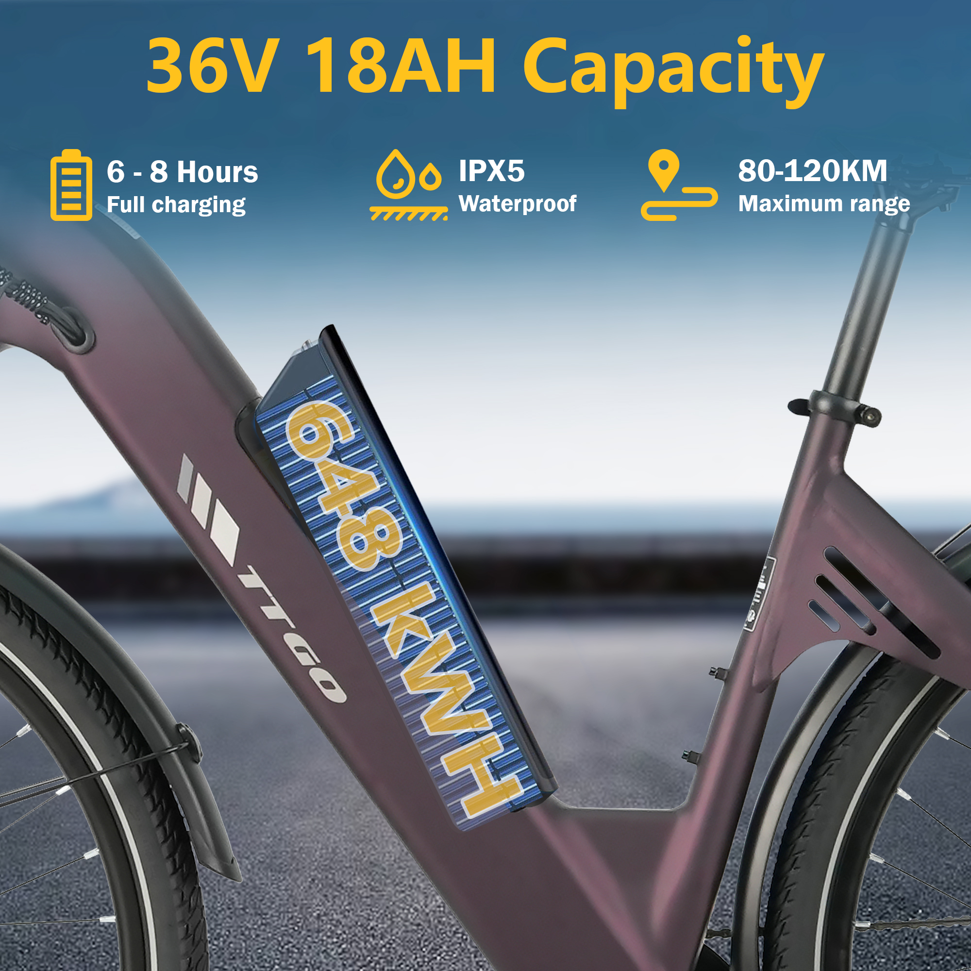Batería morada de e-bike etiquetada 648 KWH, especificaciones: 36V, 18AH, carga 6-8h, impermeable IPX5, alcance 80-120KM.