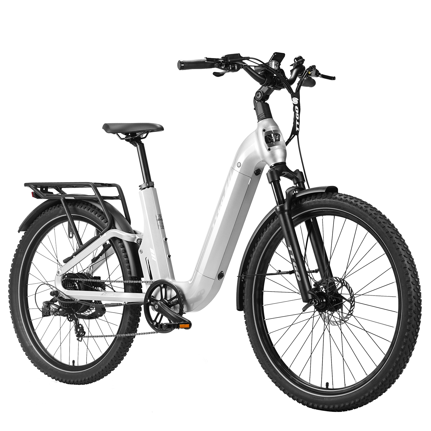 Una bicicleta eléctrica plateada con neumáticos anchos, portabultos y horquilla.