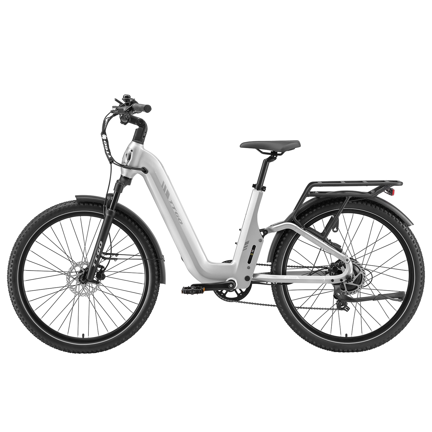 Una bicicleta eléctrica plateada con sillín negro, portaequipajes y neumáticos anchos.