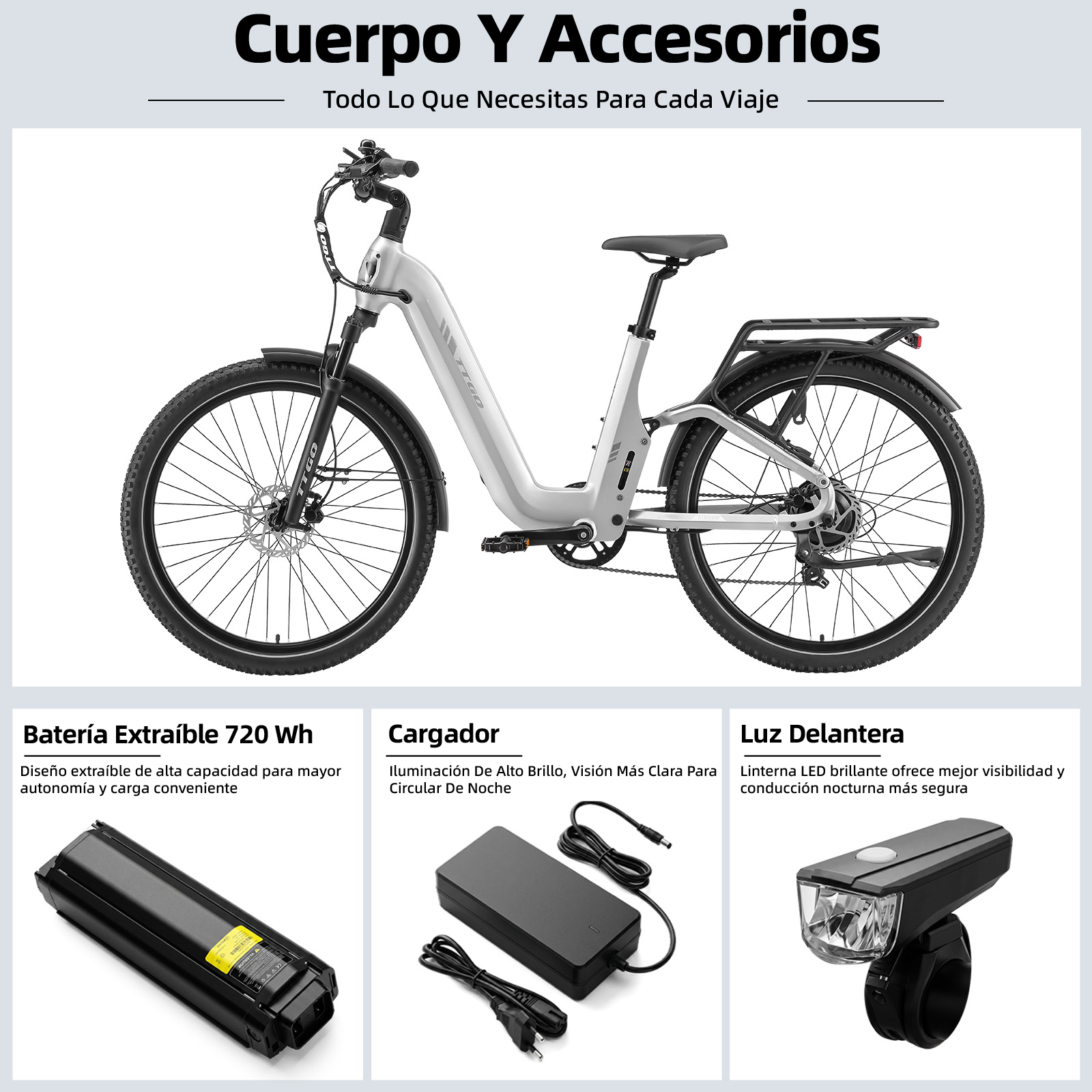 Una e-bike plateada con batería extraíble, cargador y luz delantera.