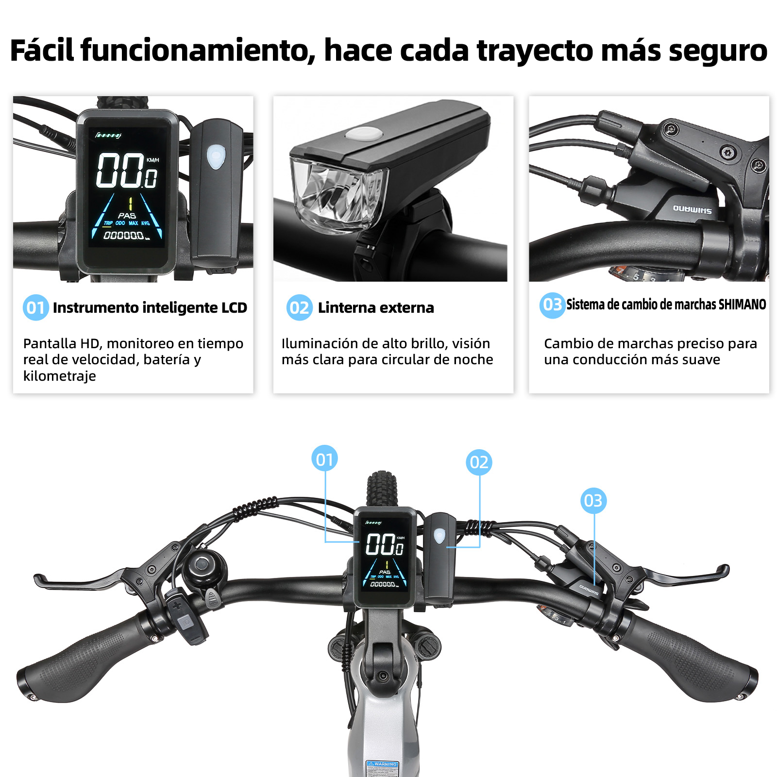 Manillar de e-bike con pantalla LCD, luz frontal y cambio.