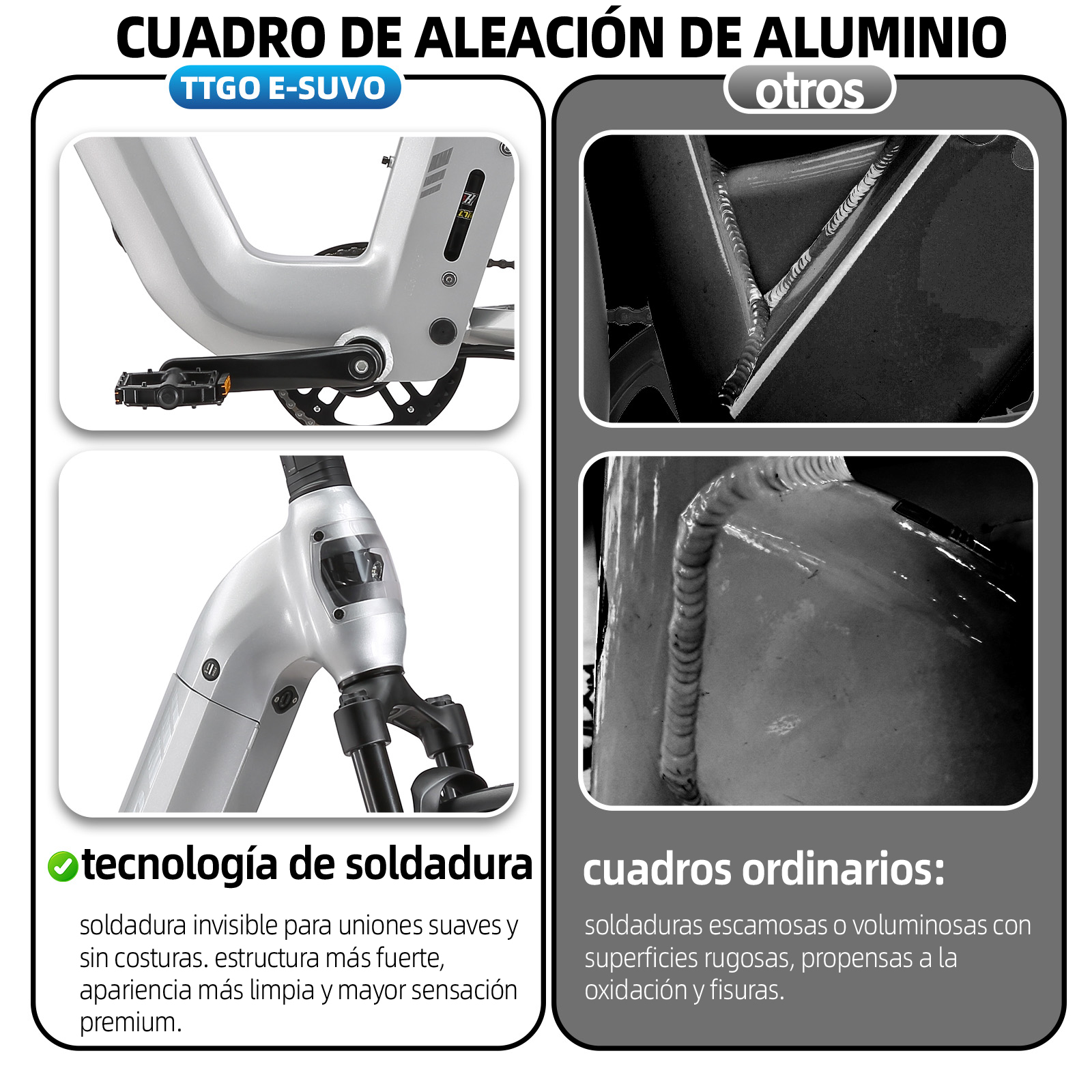 Una parte de bicicleta plateada con soldaduras comparada con otras.