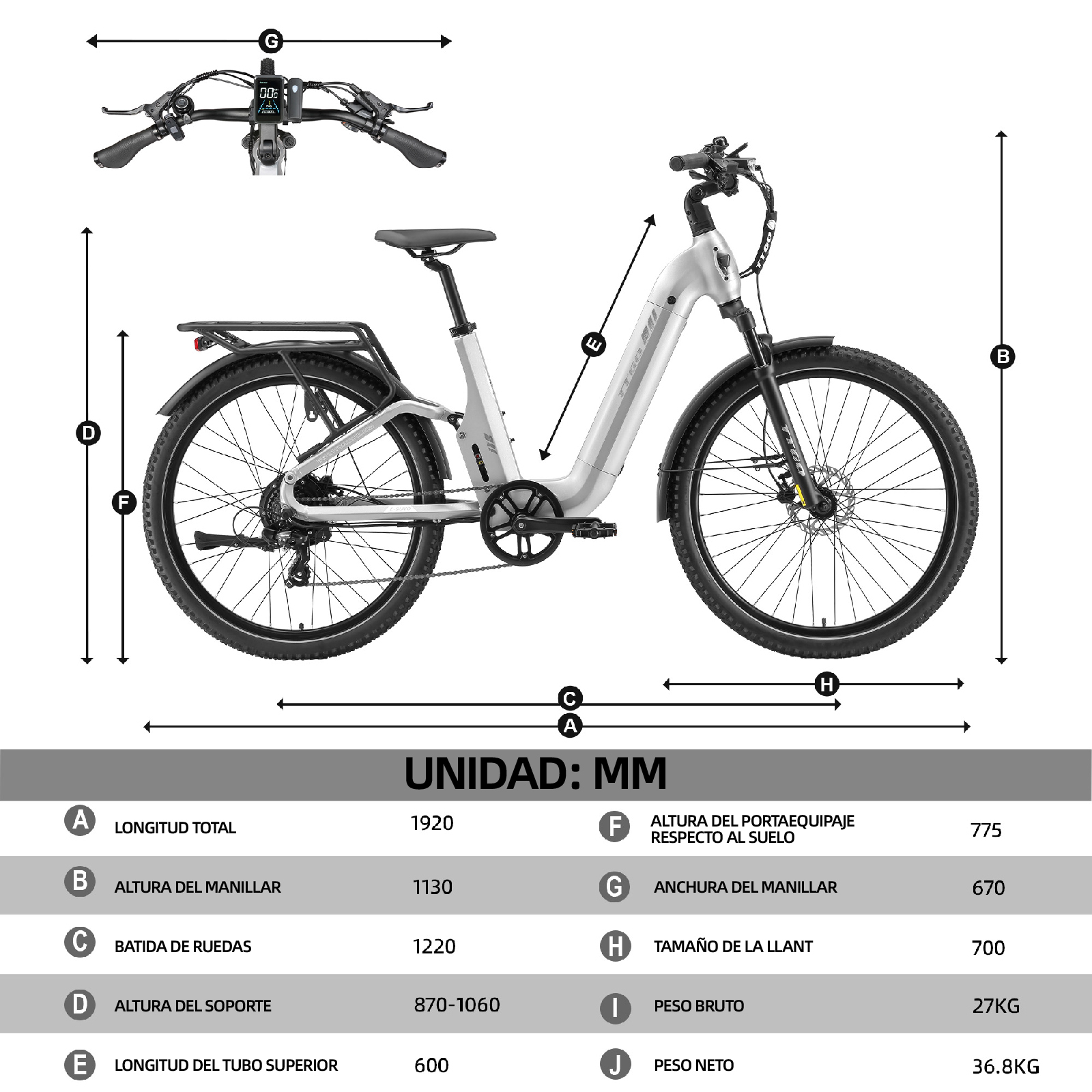 Bicicleta eléctrica plateada con dimensiones y etiquetas. Vista general de medidas.