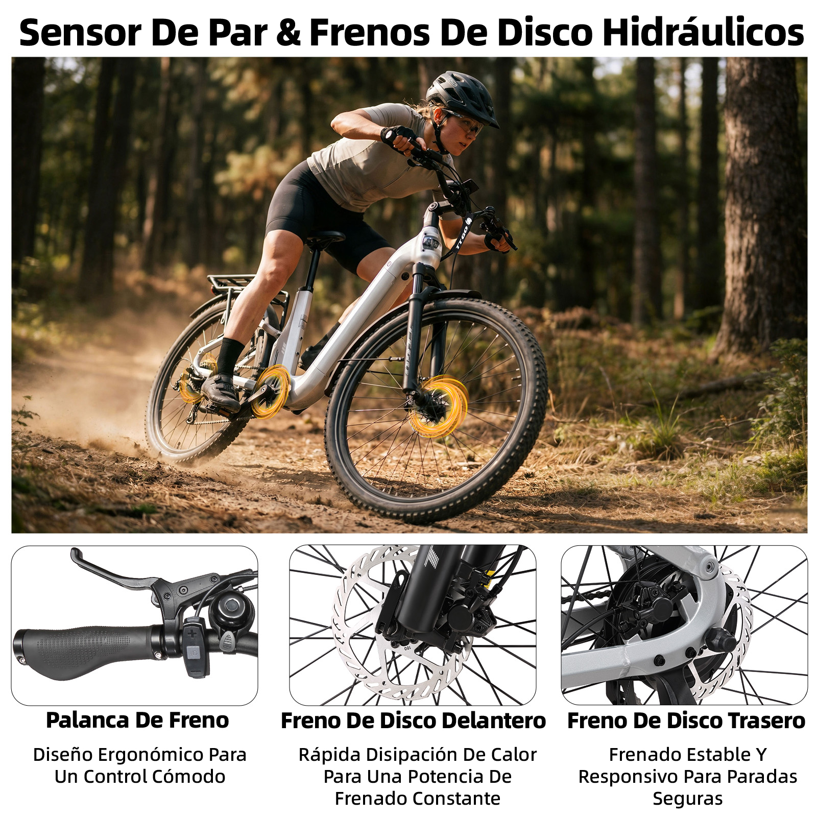 Una mujer monta una e-bike en un bosque, con primeros planos de maneta y frenos de disco.