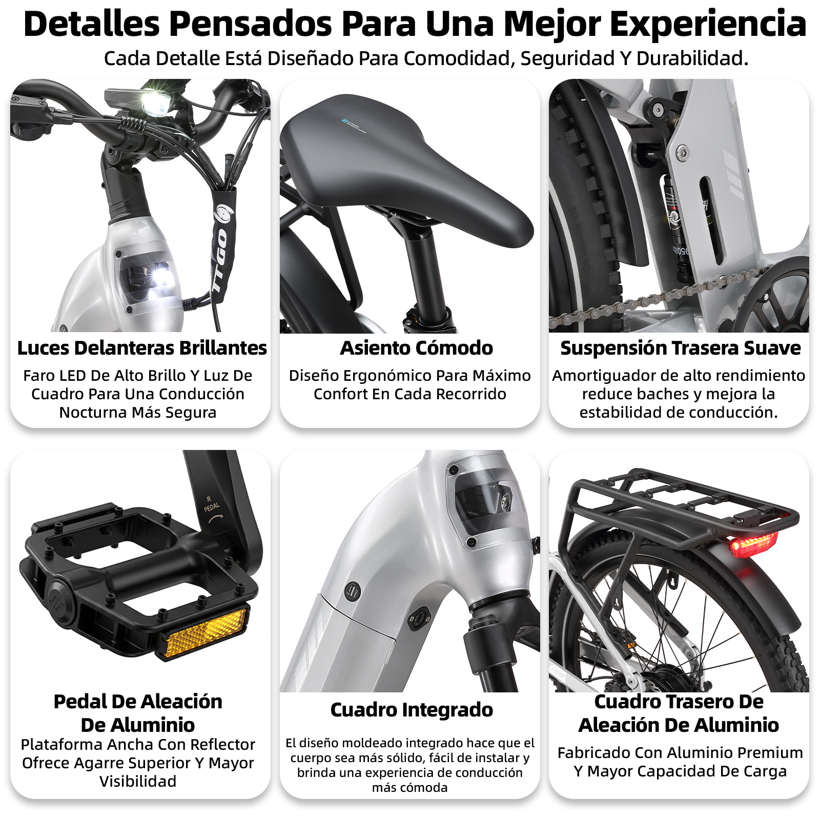 Primeros planos de características de una bicicleta eléctrica plateada: luces LED, asiento cómodo.