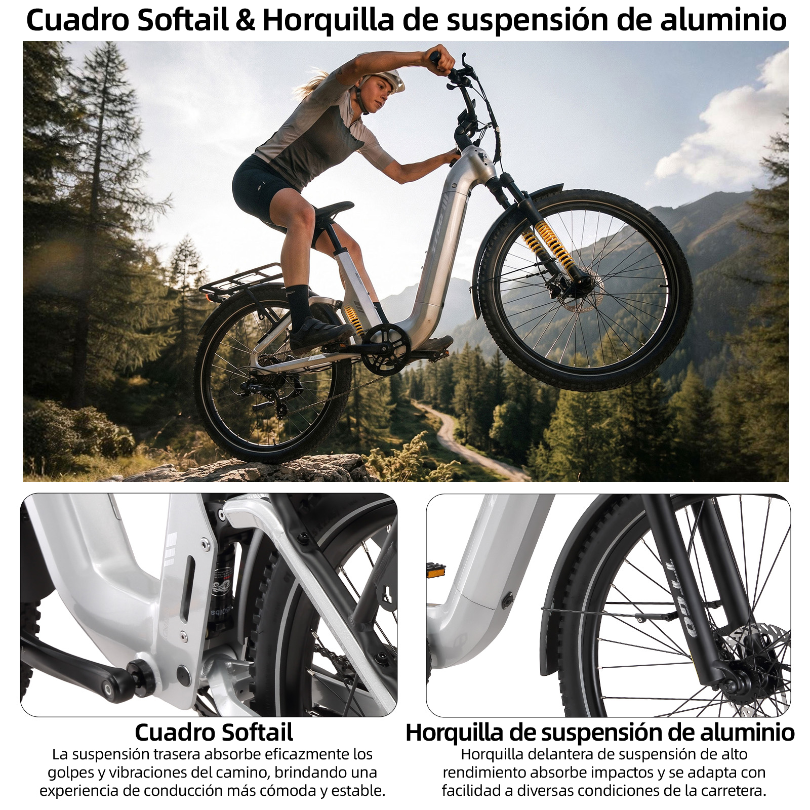 Mujer montando bicicleta de montaña en paisaje boscoso.
